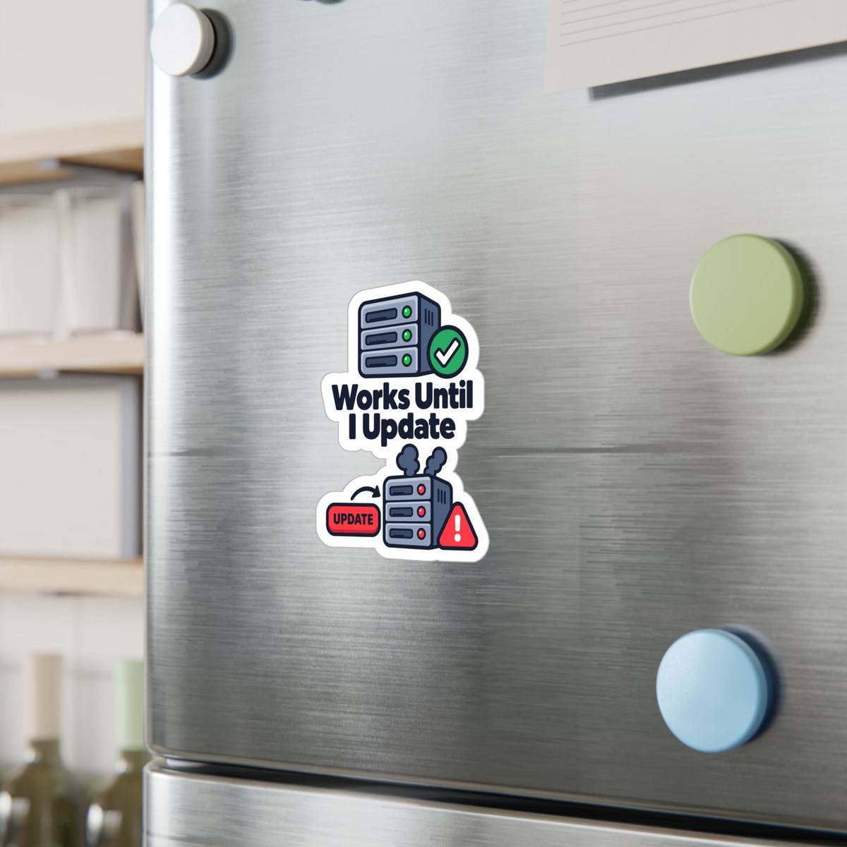 Tech Sticker Works Until I Update – Funny Reboot Button Bandage Design, Decals for Laptop and Water Bottle