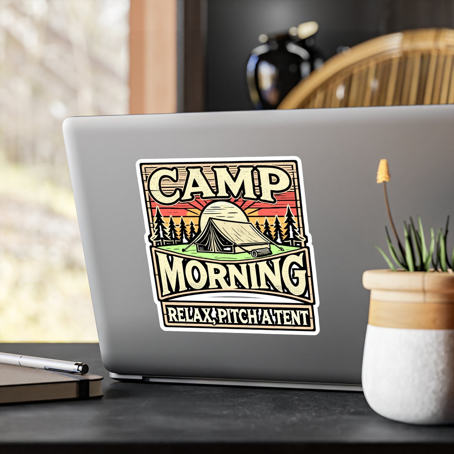 Camp Morning Wood – Relax Pitch A Tent – Vinyl Camping Decal for Laptop & Water Bottle | Smores & Outdoors Gift