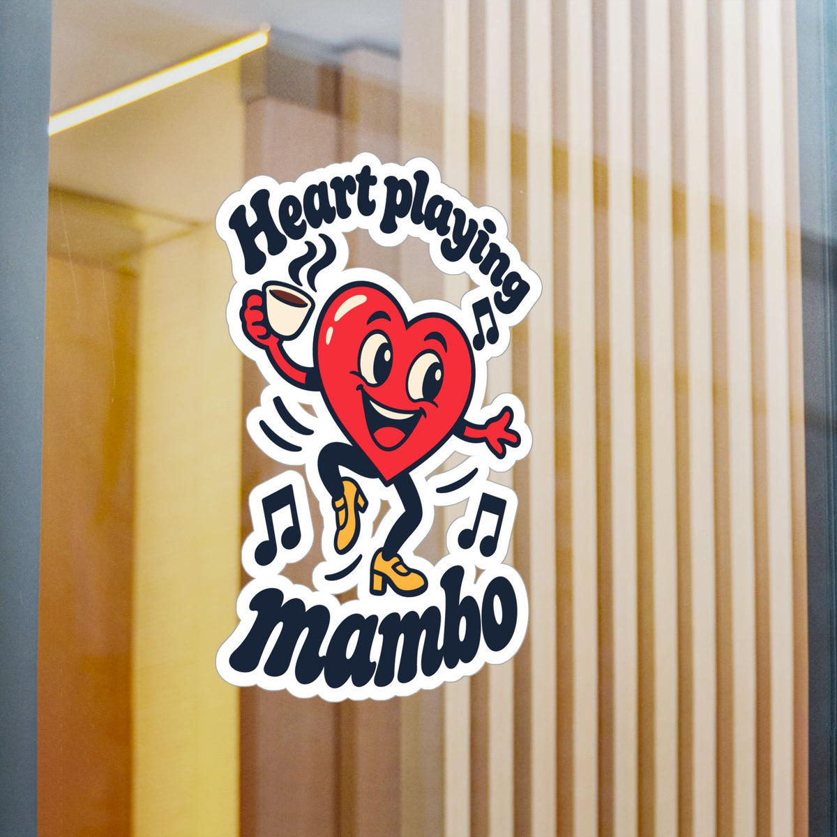 Cartoon Sticker Heart Playing Mambo - Espresso and Music Design Decals for Laptop and Water Bottle