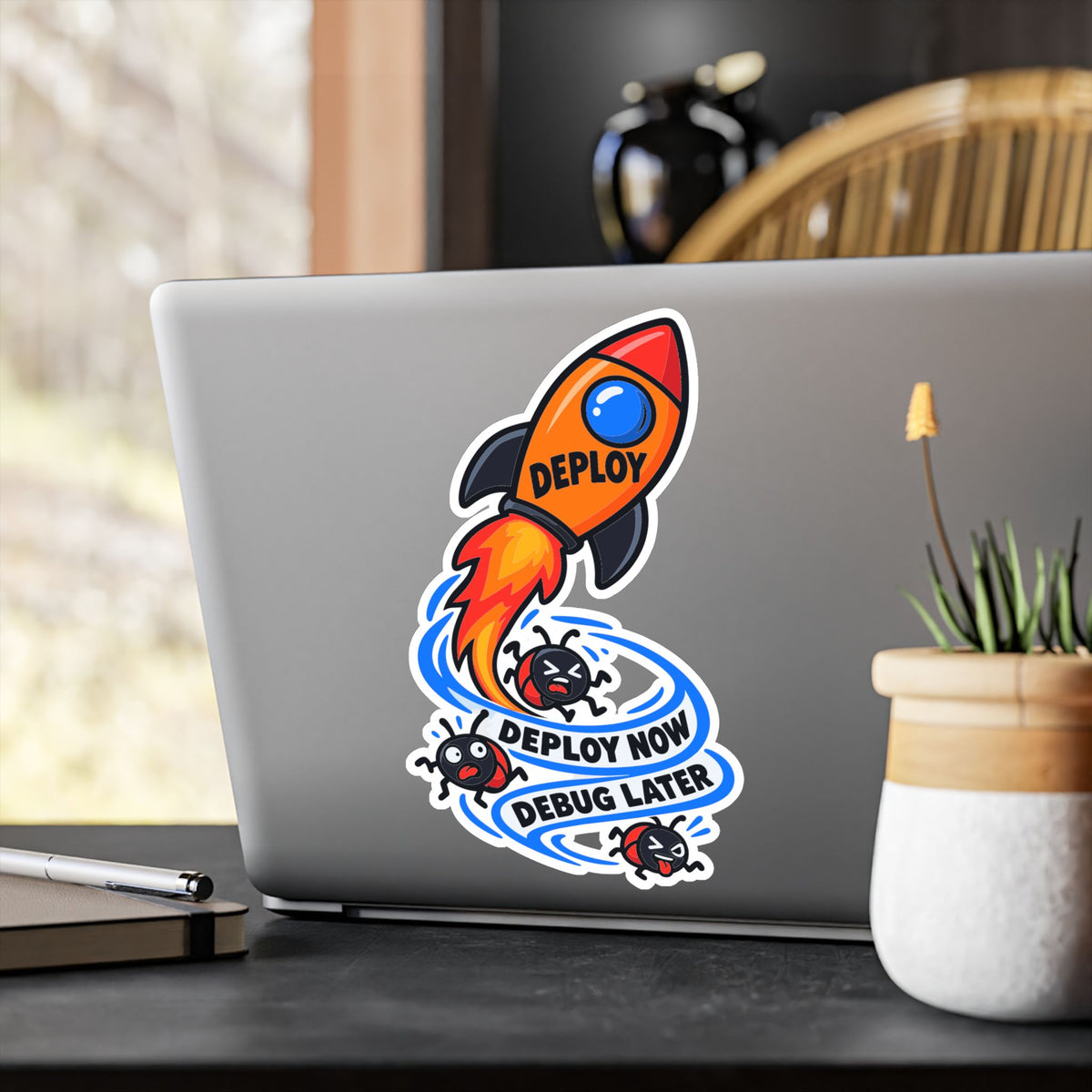 Tech Sticker - Deploy Now Debug Later, Reboot Button and Bandage Design Decals for Laptop or Water Bottle