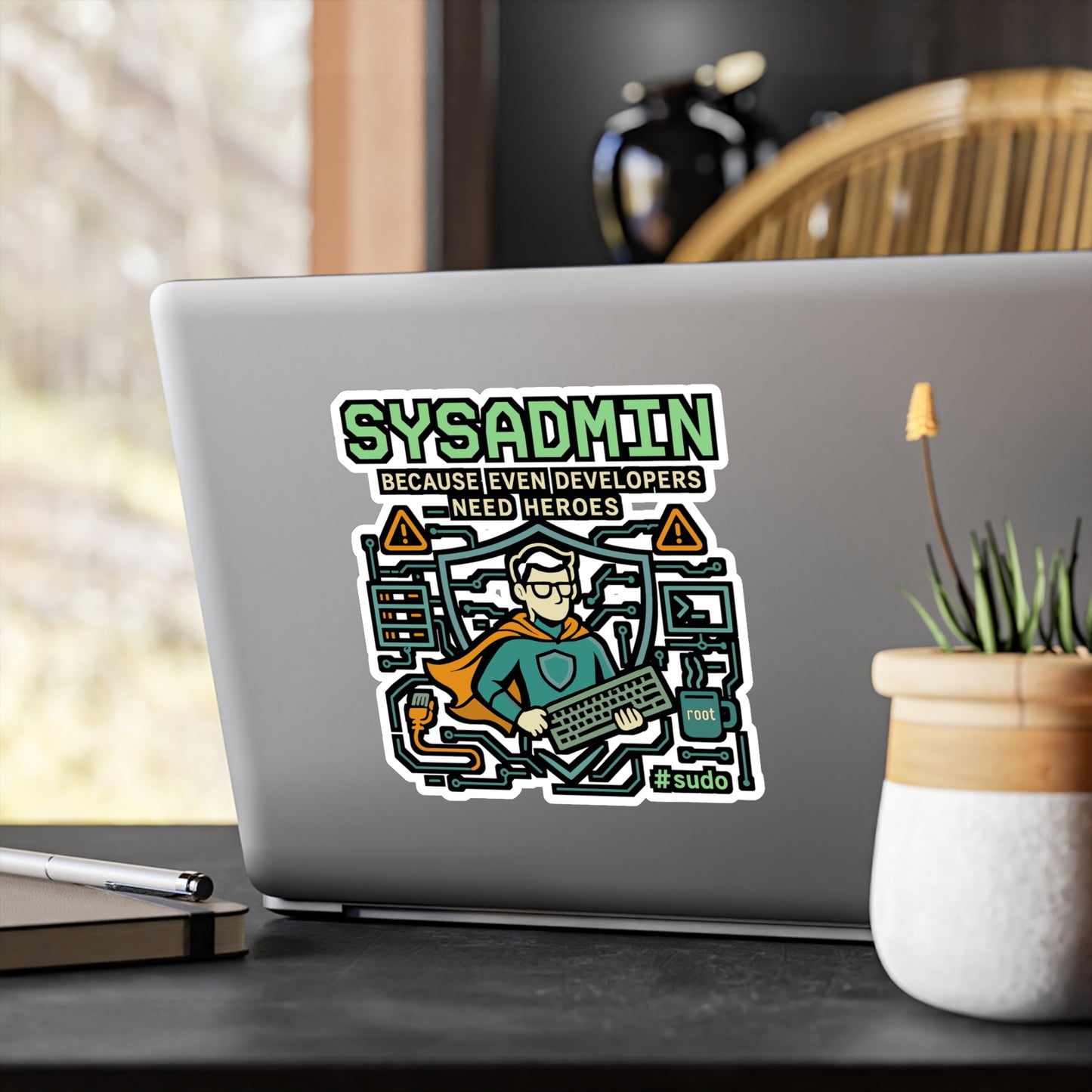 Sysadmin Sticker – "Sysadmin Because Even Developers Need Heroes" Decals for Laptop, Server Room, Waterproof Vinyl, Gift for Network Engineer, Protocol Fans