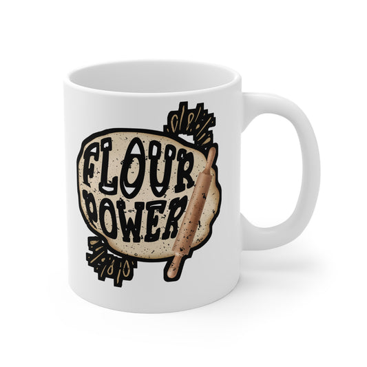 Flour Power - Baking Mug for Coffee 11oz. Baking Cup, White ceramic, Cake-decorator Mug, Baker Tea Cup - Baking Gift