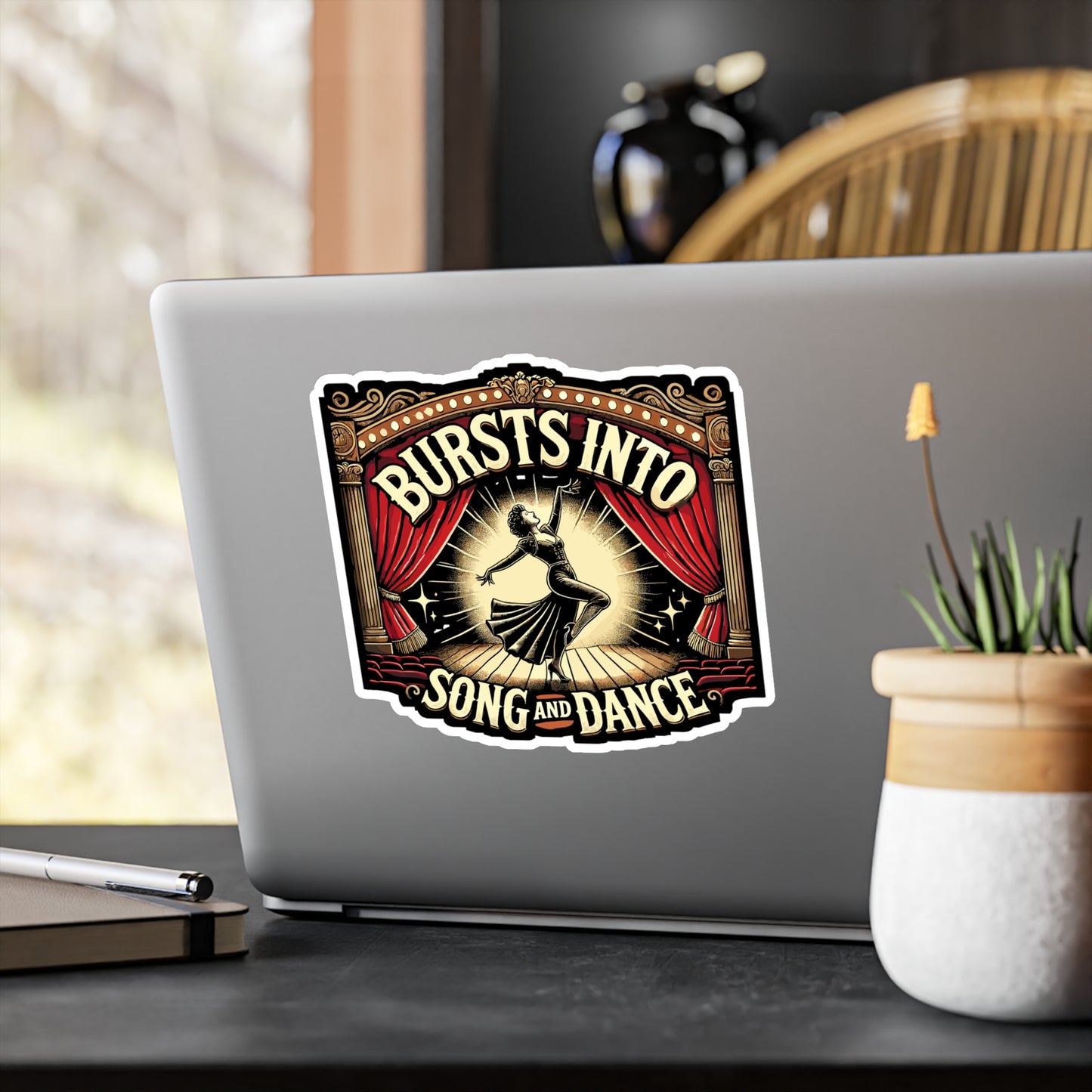 Bursts Into Song And Dance - Musical Sticker for Laptop Sticker. Water Bottle Sticker, Vinyl Theatre Decal - Musical Gift