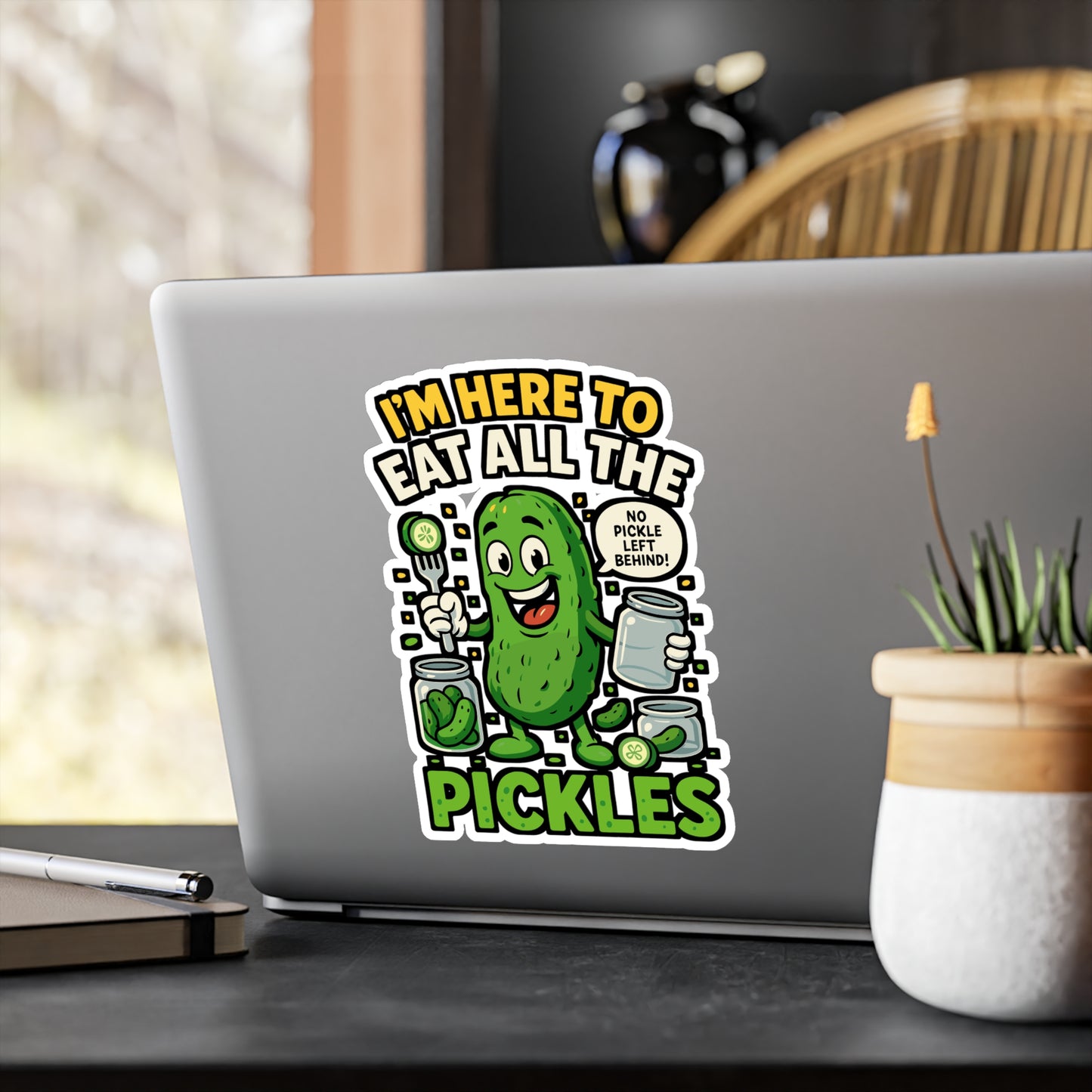 I'm Here To Eat All The Pickles – Funny Pickle Sticker for Laptop or Water Bottle | Vinyl Cucumber Decal, Food Lover Gift