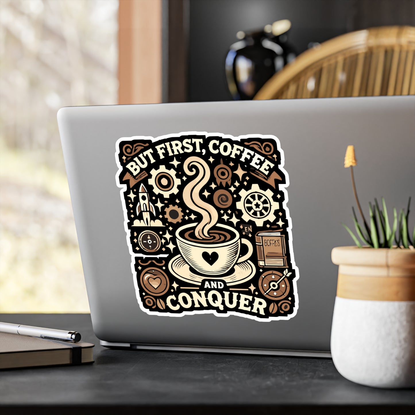 But First, Coffee and Conquer - Coffee Sticker for Laptop Sticker. Water Bottle Sticker, Vinyl Conquer Decal - Coffee Gift