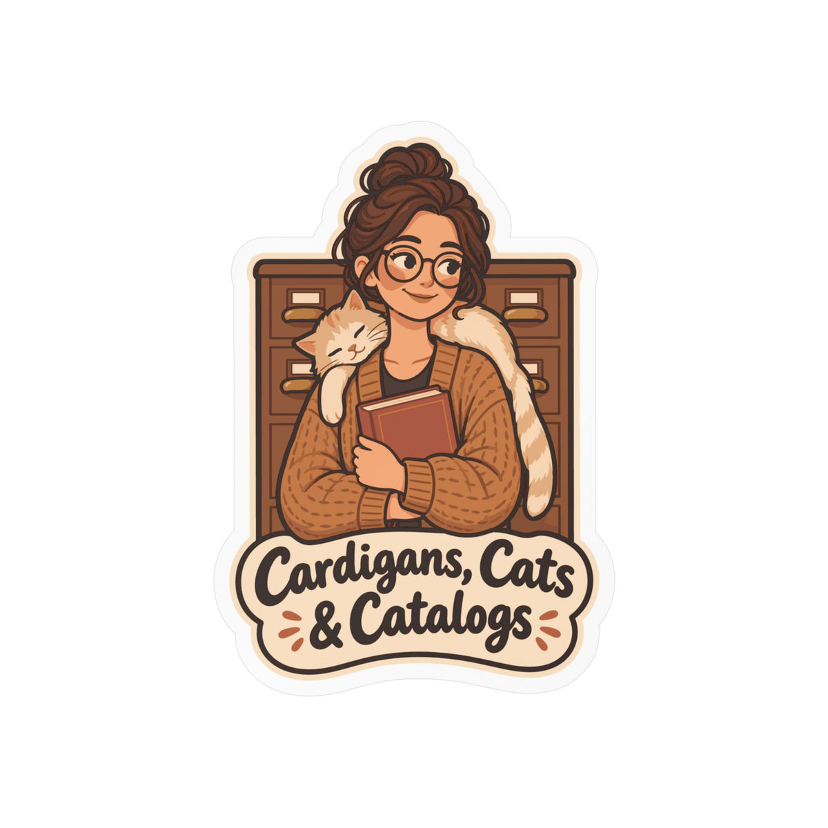 Librarian Sticker - Cardigans, Cats & Catalogs - Fabulous Book Lover Decals for Laptop or Water Bottle