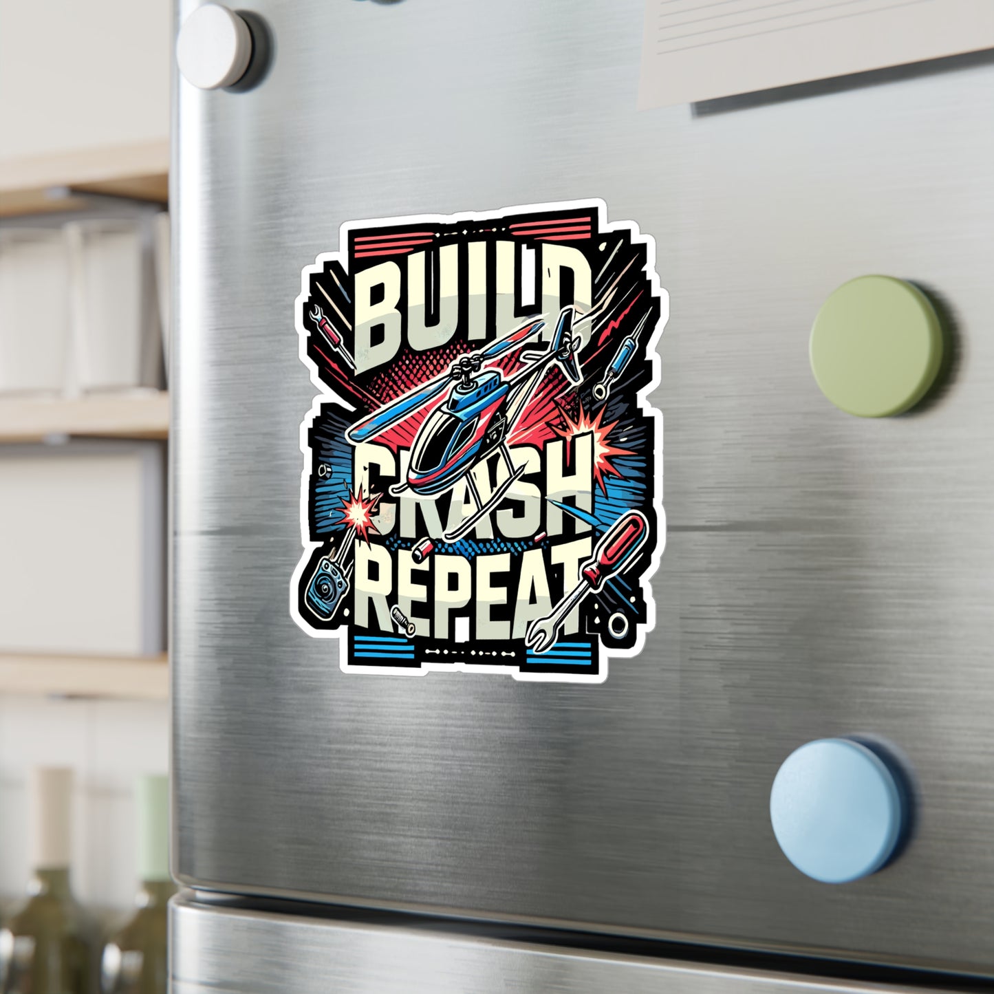 Build Crash Repeat - RC helicopter Sticker for Laptop Sticker. Water Bottle Sticker, Vinyl Model building Decal - RC helicopter Gift