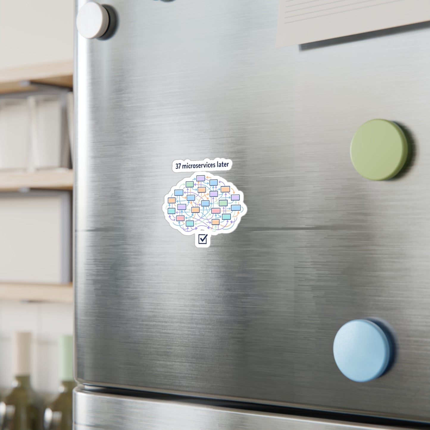 Coding Sticker “37 microservices later” Funny Programmer Decals, Source-Code Geek Semicolon Design, Waterproof Vinyl for Laptop, Water Bottle