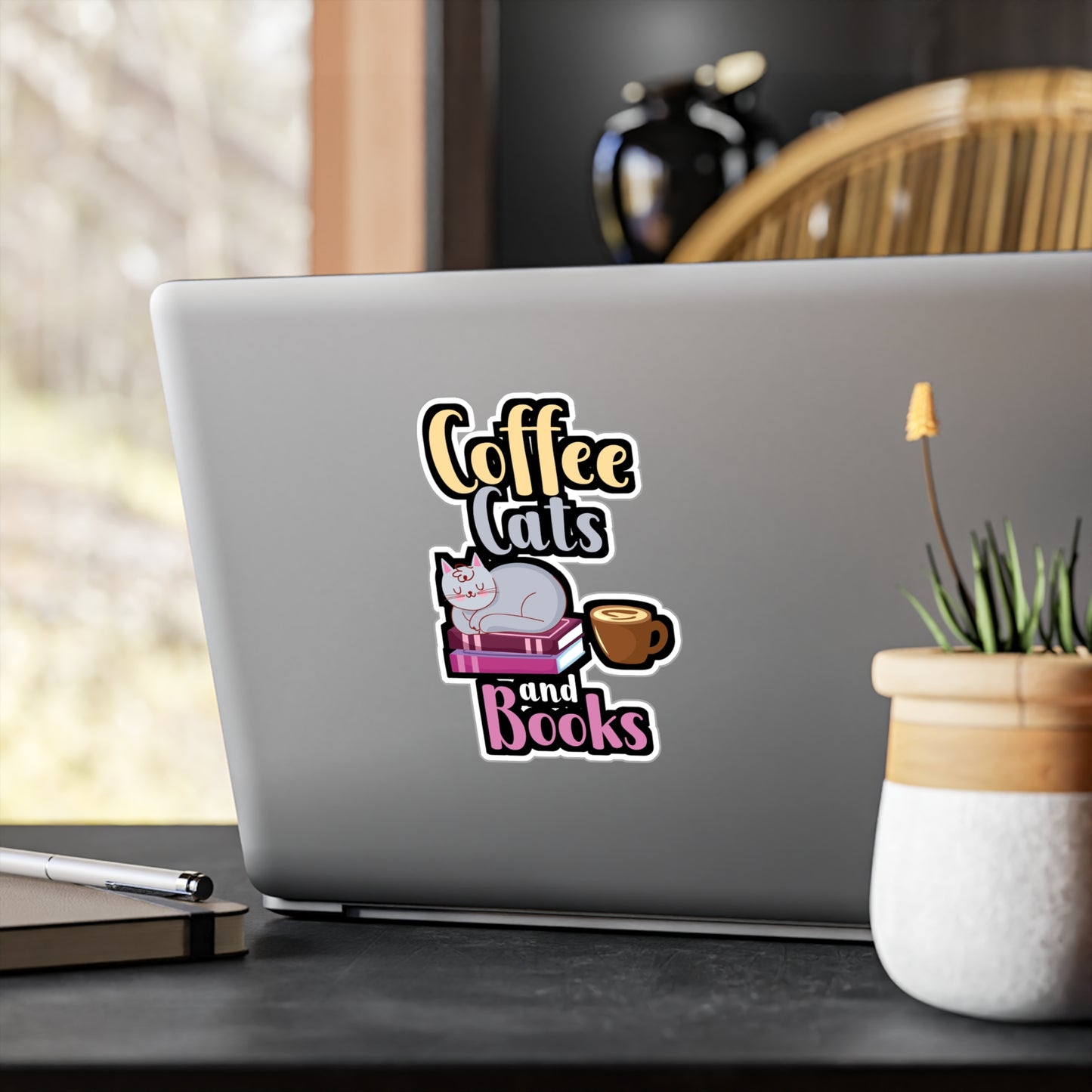 Coffee Cats Books - Coffee Sticker for Wall, Laptop, Window, Truck, Car Coffee Gift Vinyl Cats Decal Sticker