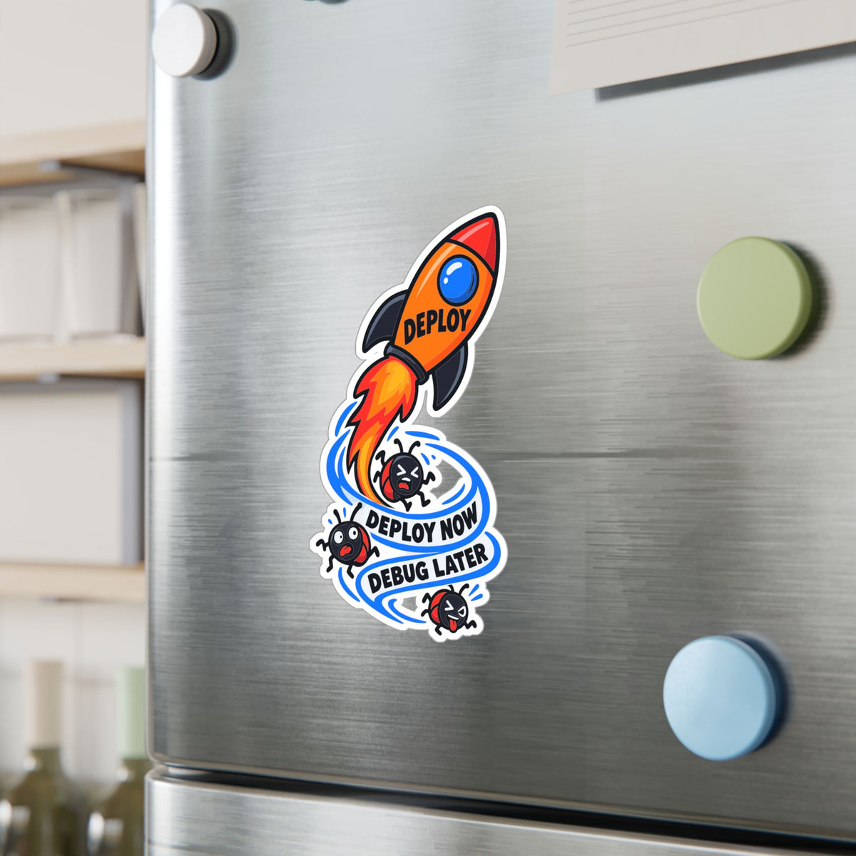 Tech Sticker - Deploy Now Debug Later, Reboot Button and Bandage Design Decals for Laptop or Water Bottle