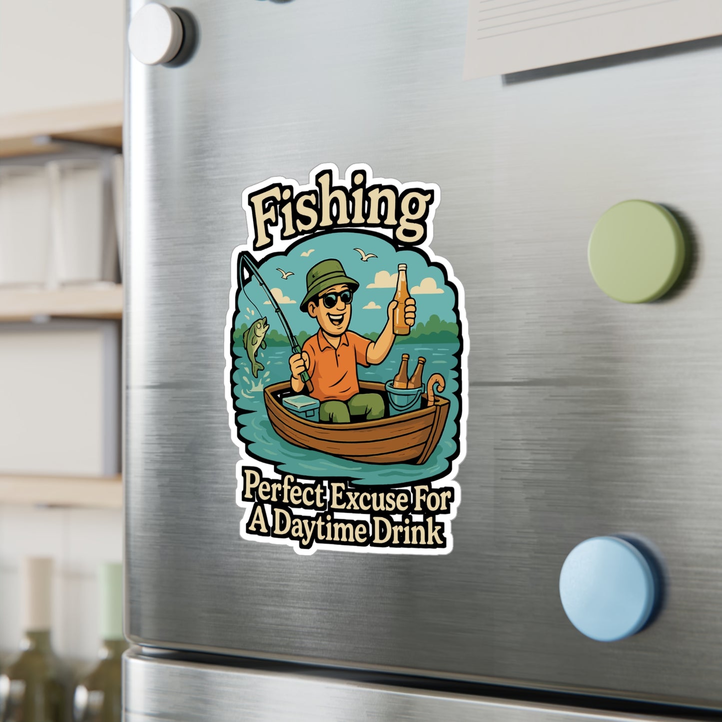 Fishing Sticker – Funny "Fishing – Perfect Excuse For A Daytime Drink" Cartoon Decal, Beer & Alcohol Design, Waterproof Vinyl for Laptop or Water Bottle