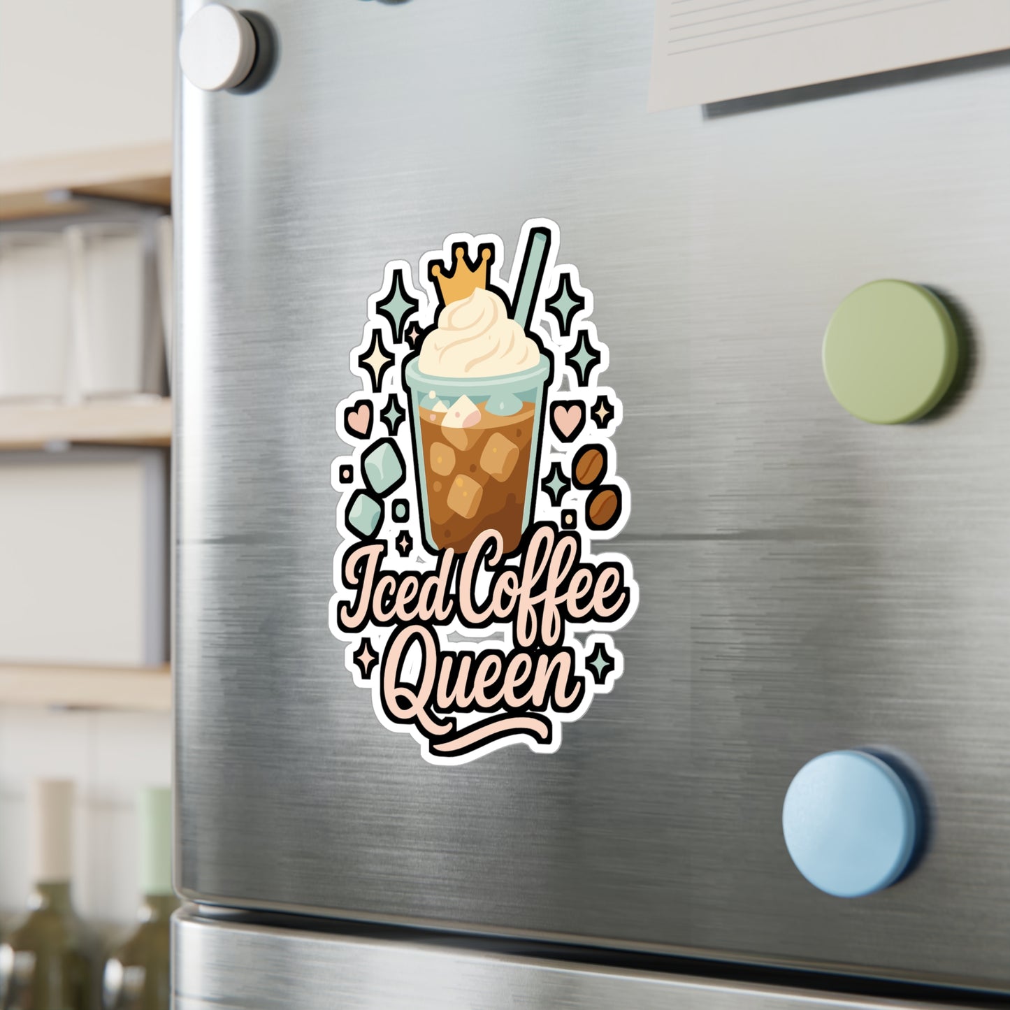 Iced Coffee Sticker – "Iced Coffee Queen" Decals for Laptop or Water Bottle, Cute Caffeine Vinyl Sticker, Coffee Lover Gift, Waterproof, Queen Design