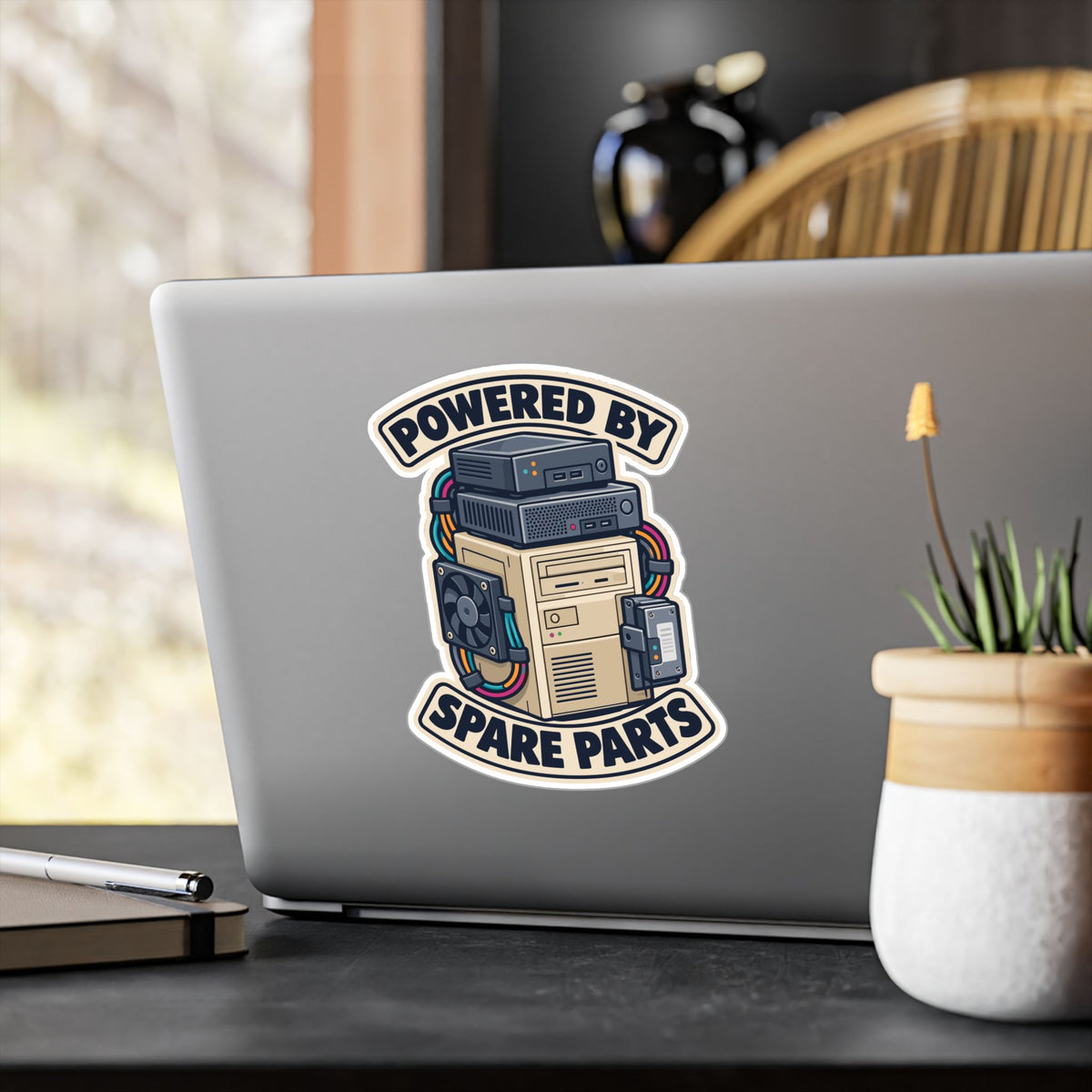 Tech Sticker Powered By Spare Parts – Reboot Button and Bandage Design Decals for Laptop or Water Bottle