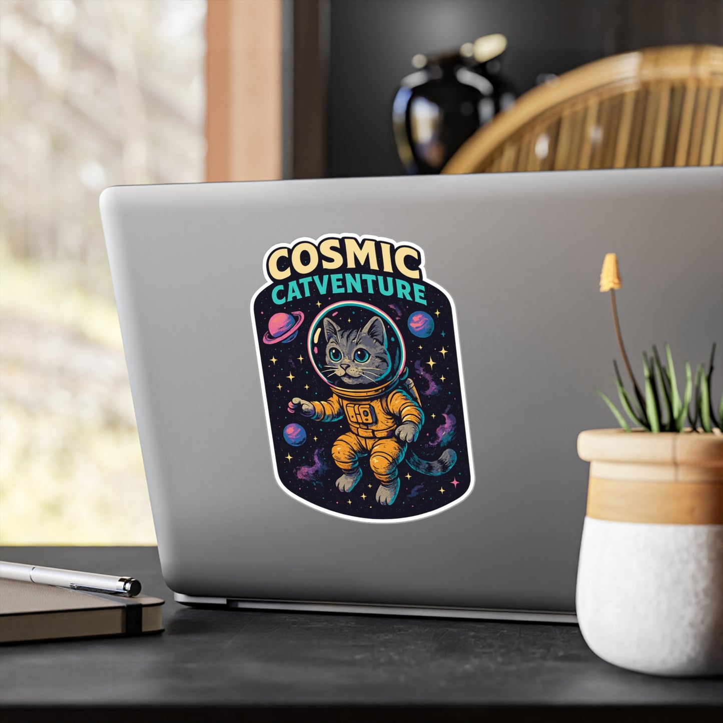 Retro Sticker "Cosmic Catventure" – Cartoon Cat Astronaut Decals, Waterproof Vinyl for Laptop & Water Bottle, Fun Space Design