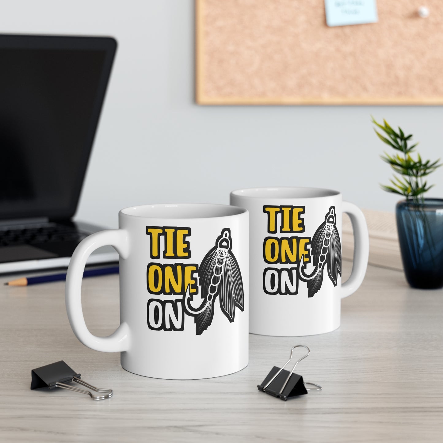 Tie One On Fly Fishing - Fishing Mug for Coffee 11oz. Fishing Cup, White ceramic, Angling Mug, Lake Tea Cup - Fishing Gift