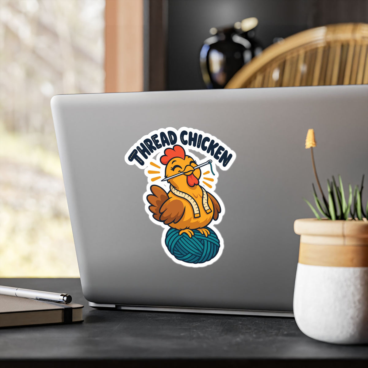 Cartoon Sticker – Thread Chicken Design with a Giggling Chicken, Fun Decals for Laptop and Water Bottle