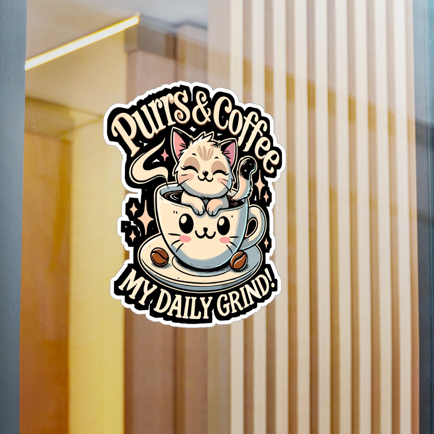Purrs & Coffee My Daily Grind - Cat Sticker for Laptop Sticker. Water Bottle Sticker, Vinyl Coffee Decal - Cat Gift