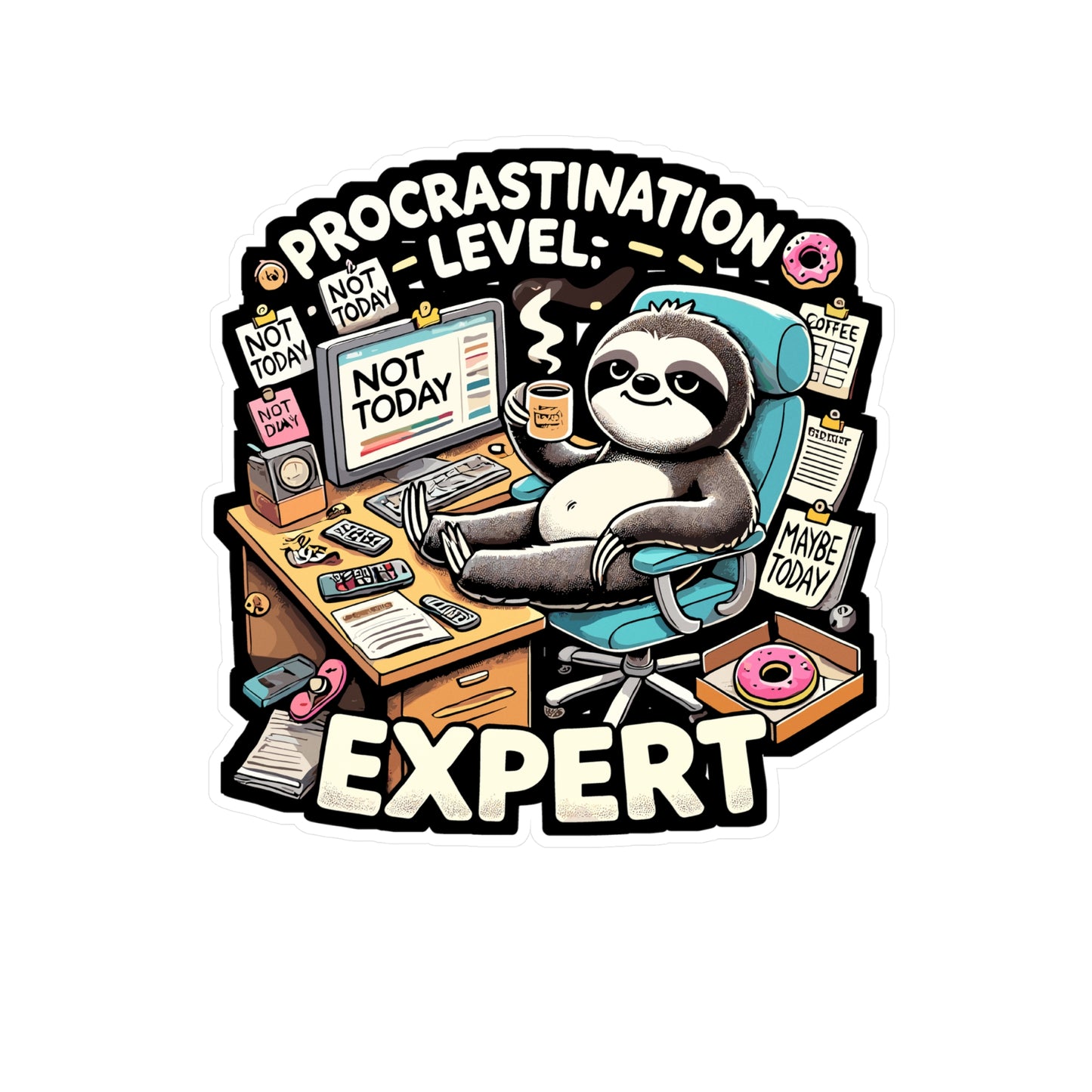 Procrastination Level Expert - Lazy sloth Sticker for Laptop Sticker. Water Bottle Sticker, Vinyl Procrastination humor Decal - Lazy sloth Gift