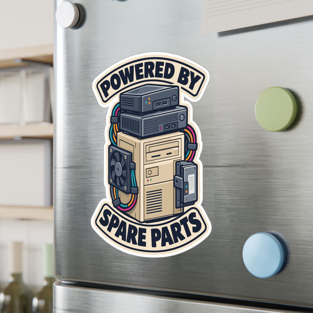 Tech Sticker Powered By Spare Parts – Reboot Button and Bandage Design Decals for Laptop or Water Bottle