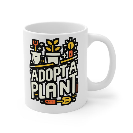 Adopt a Plant - Gardening Mug for Coffee 11oz. Gardening Cup, White ceramic, Landscaper Mug, Lawn-mower Tea Cup - Gardening Gift