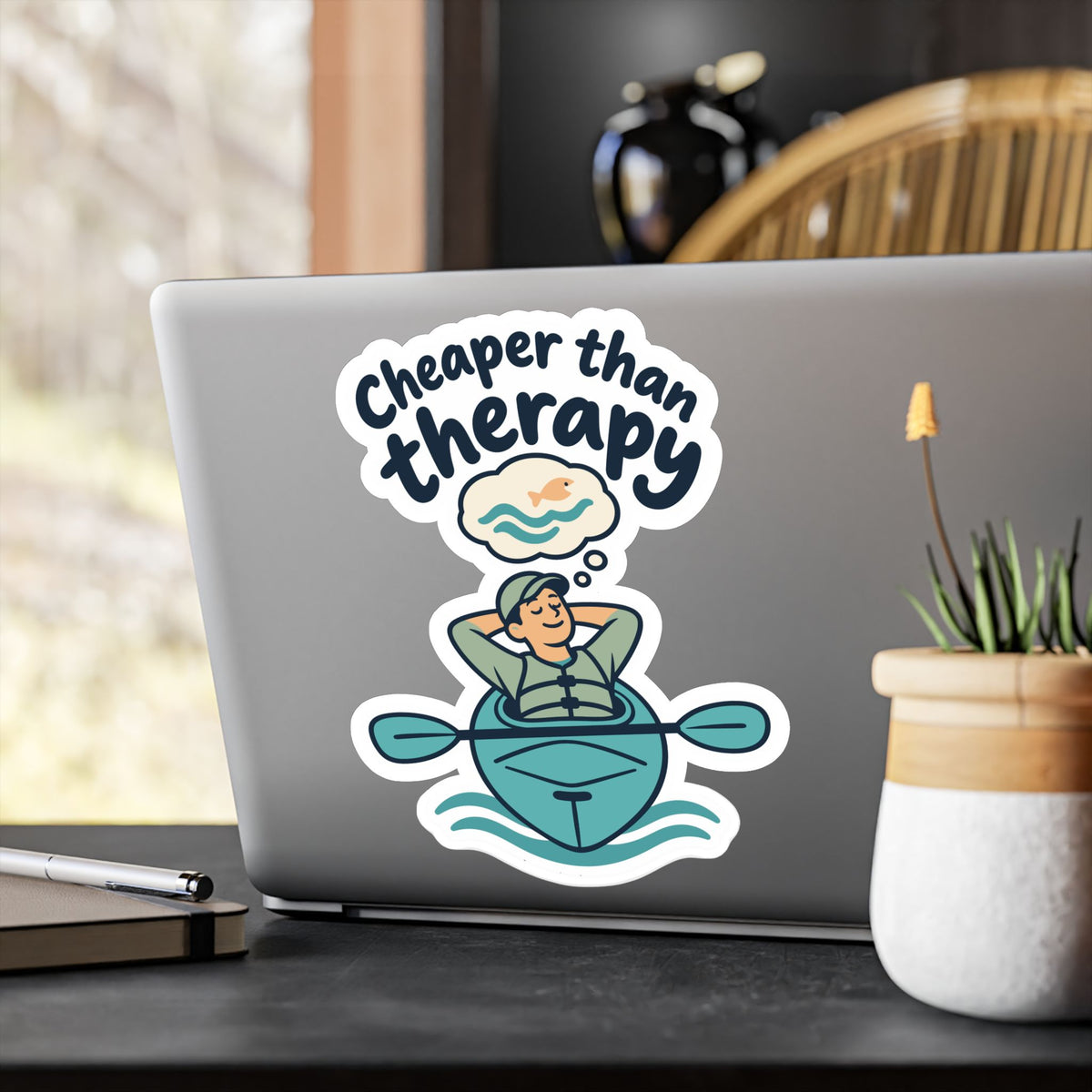 Kayak Sticker Cheaper than Therapy - Funny Kayaking and Rowing Decals for Laptops and Water Bottles, Kayaker Gift