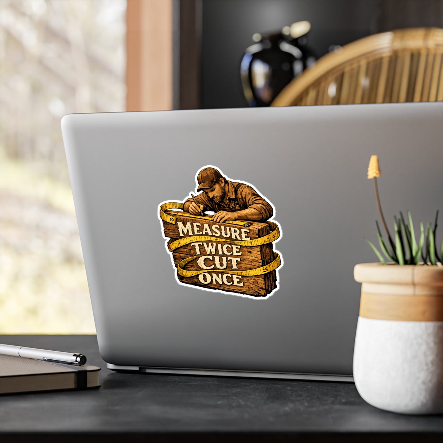 Carpenter Sticker Measure Twice Cut Once Woodworking Decals for Laptop Water Bottle, Waterproof Vinyl for Woodworker
