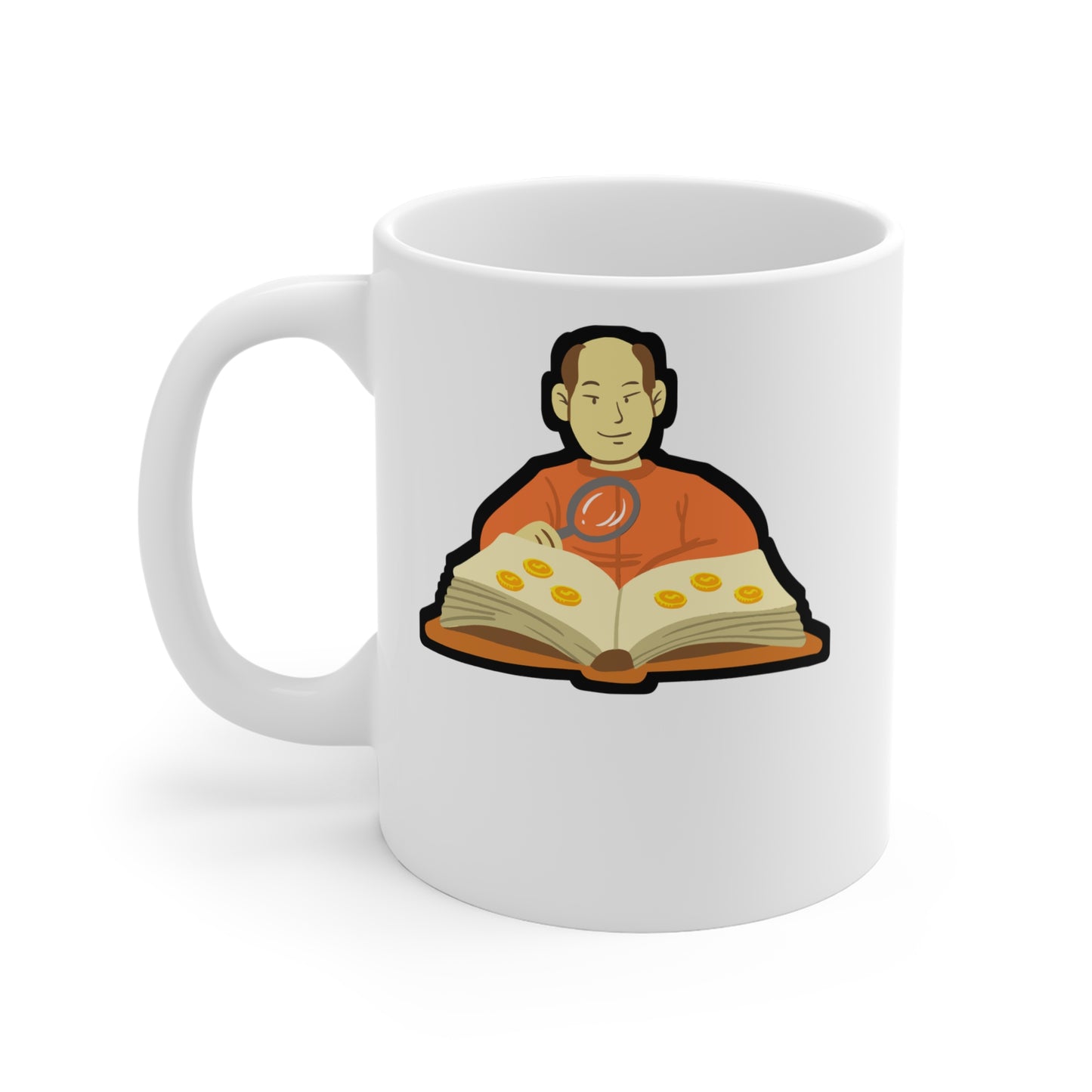 Coin Collector reading his album - Coin-collection Mug for Coffee 11oz. Coin-collection Cup, White ceramic, Relic Tee Mug - Coin-collection Gift