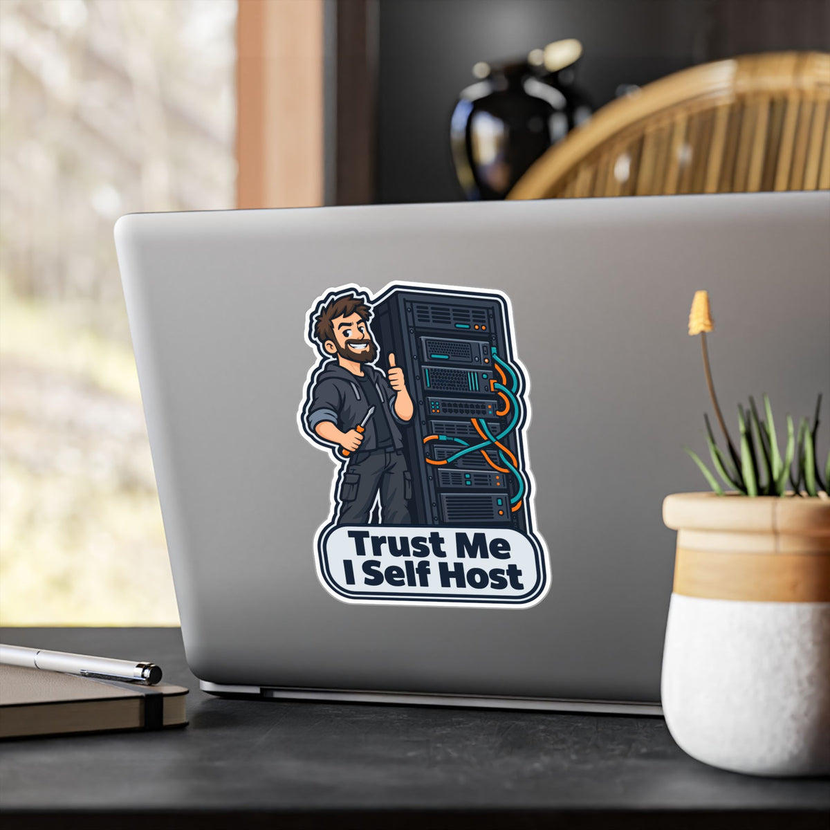 Tech Sticker – Trust Me I Self Host, Reboot Button Humor with a Bandage Twist, Decals for Laptop and Water Bottle