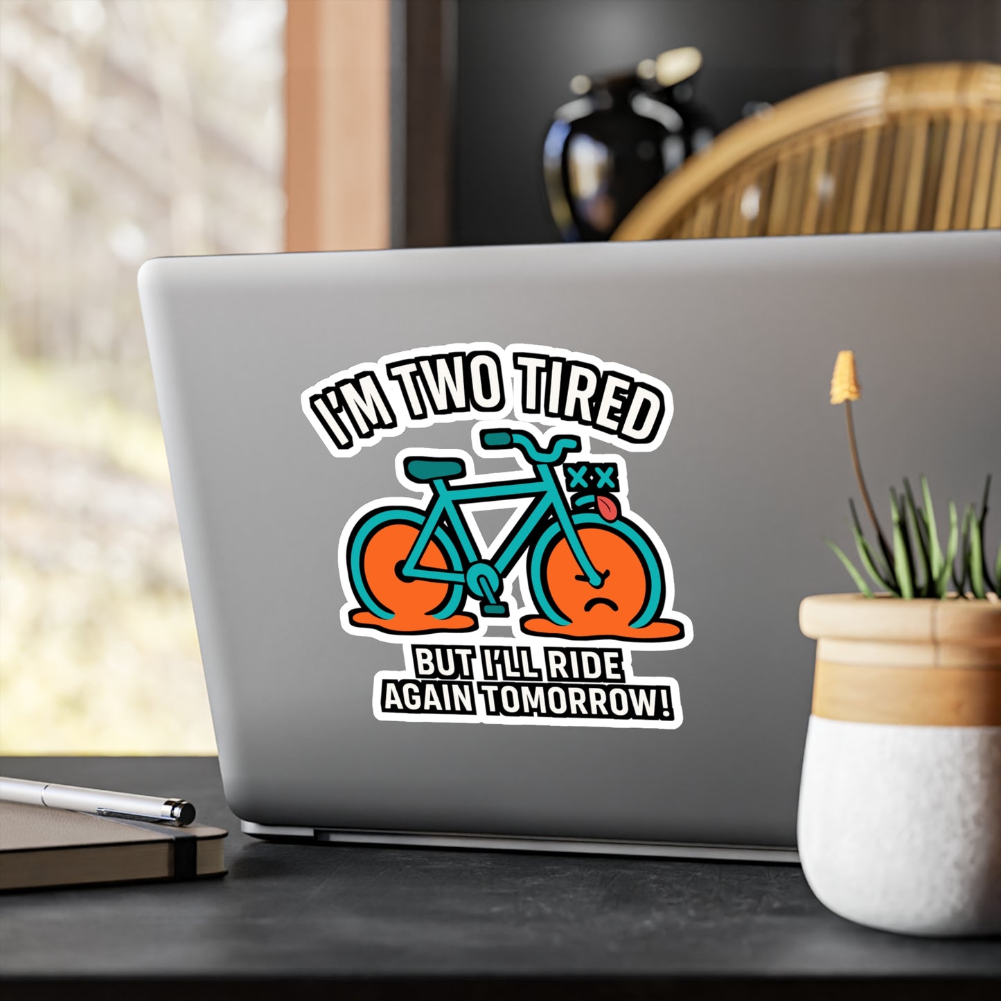 I'm Two Tired – Funny Cycling Sticker for Laptop, Car Window, or Water Bottle | Biker Gift, Crankset Vinyl Decal