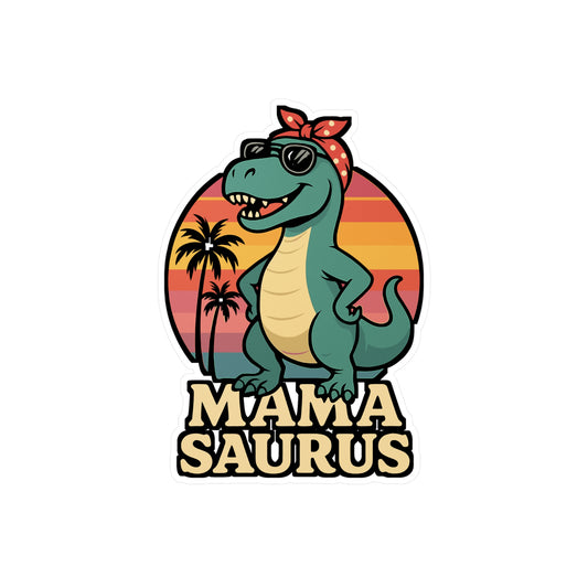 Dinosaur Sticker Mama Saurus Decals – Vintage Sunset Motherhood Design for Laptops & Water Bottles, Waterproof Vinyl Decor