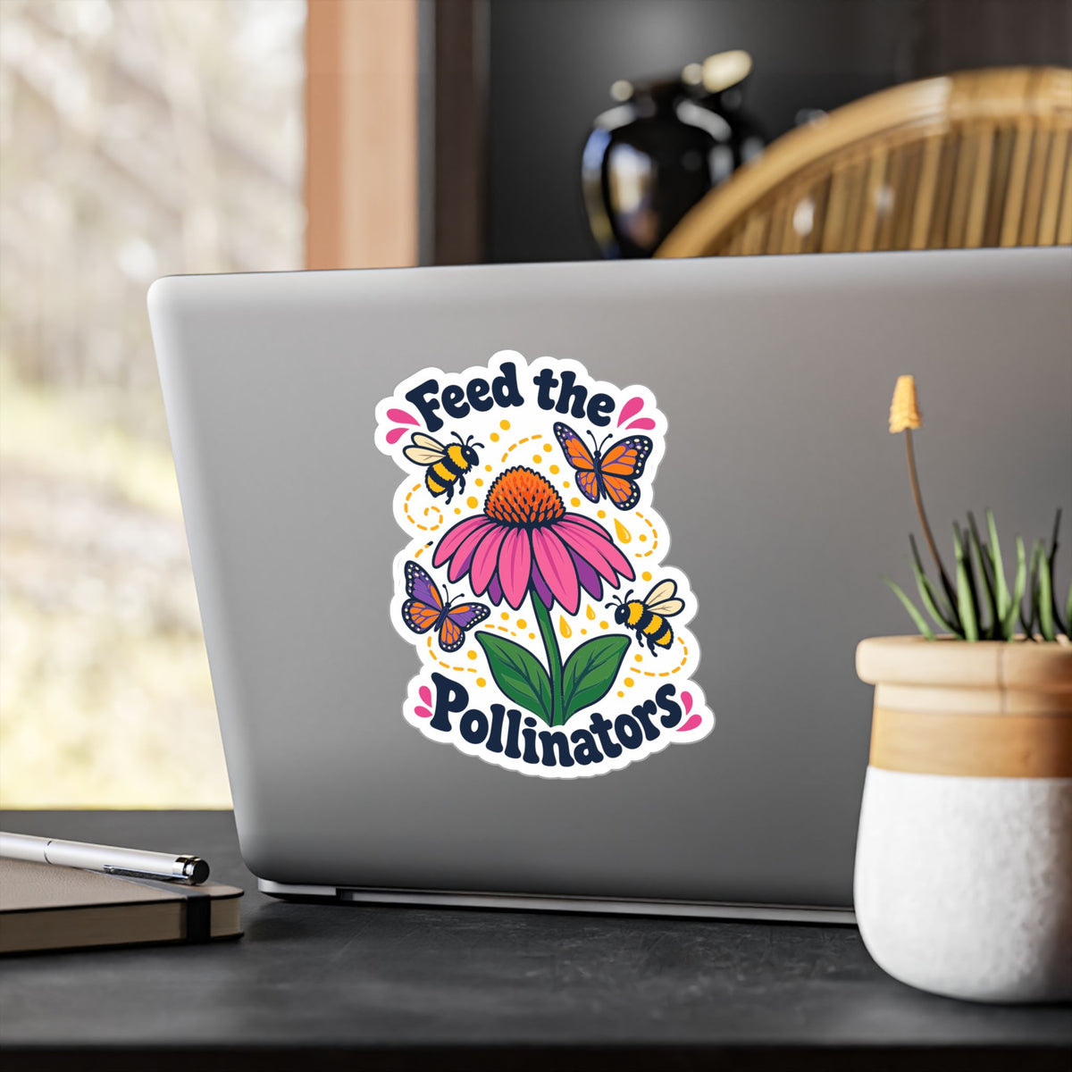 Plants Sticker - Feed The Pollinators Dandelion Design, Nature-Inspired Decals for Laptop and Water Bottle, Friendship Gift
