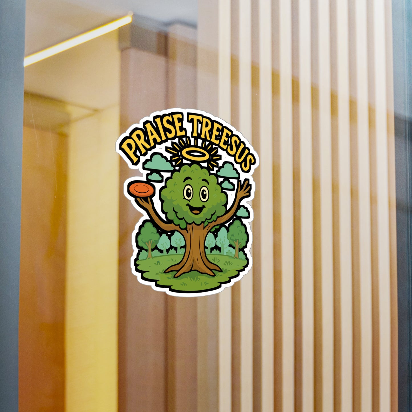 Disc Golf Sticker, Praise Treesus Design – Funny Frisbee Player Decals for Laptop, Water Bottle, Outdoors, Waterproof Vinyl
