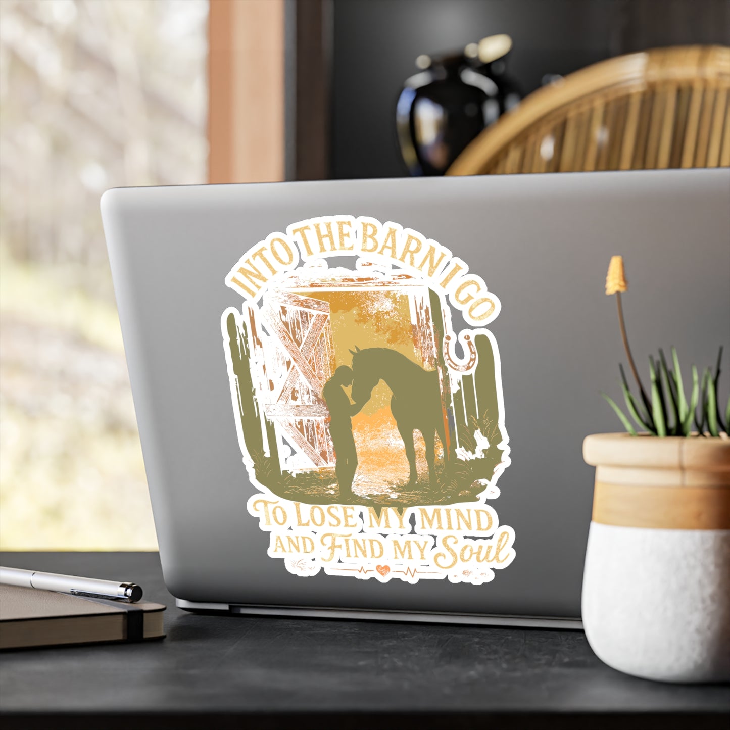 Into The Barn I Go To Lose My Mind And Find My Soul – Vinyl Sticker for Laptop, Water Bottle, or Car | Horse Lover Ranch Gift
