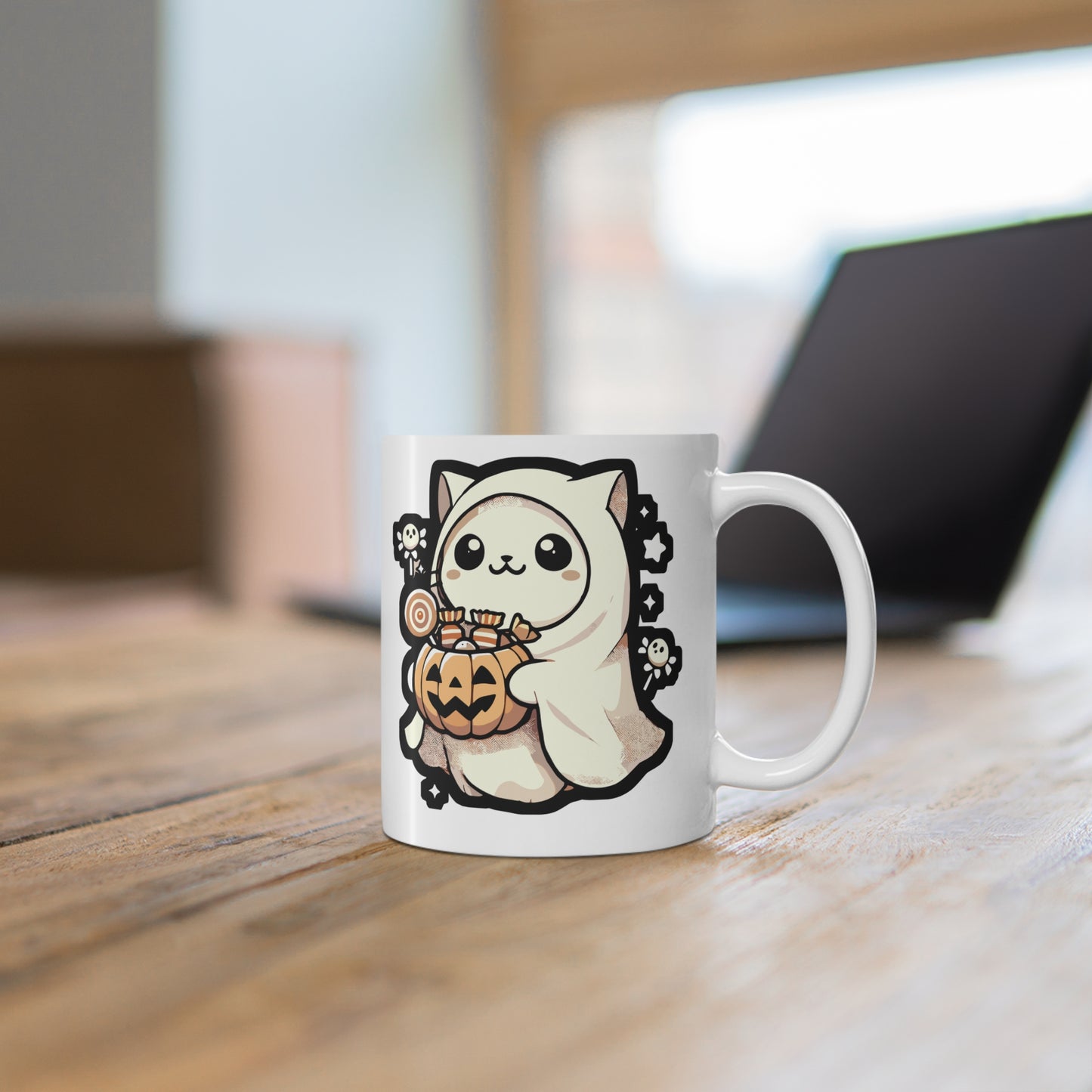 Ghost Halloween Costume Sweets - Halloween Mug for Coffee 11oz. Halloween Cup, White ceramic, Ghost Mug, Cat Tea Cup - Halloween Gift