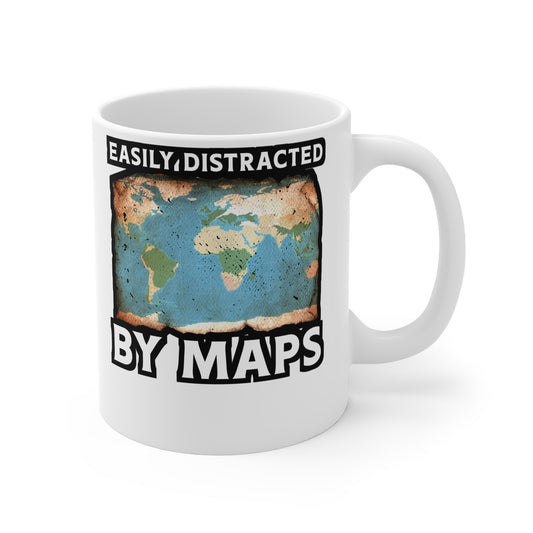 Easily Distracted By Maps - Geography Mug for Coffee 11oz. Geography Cup, White ceramic, Geology Mug, Prehistoric Tea Cup - Geography Gift