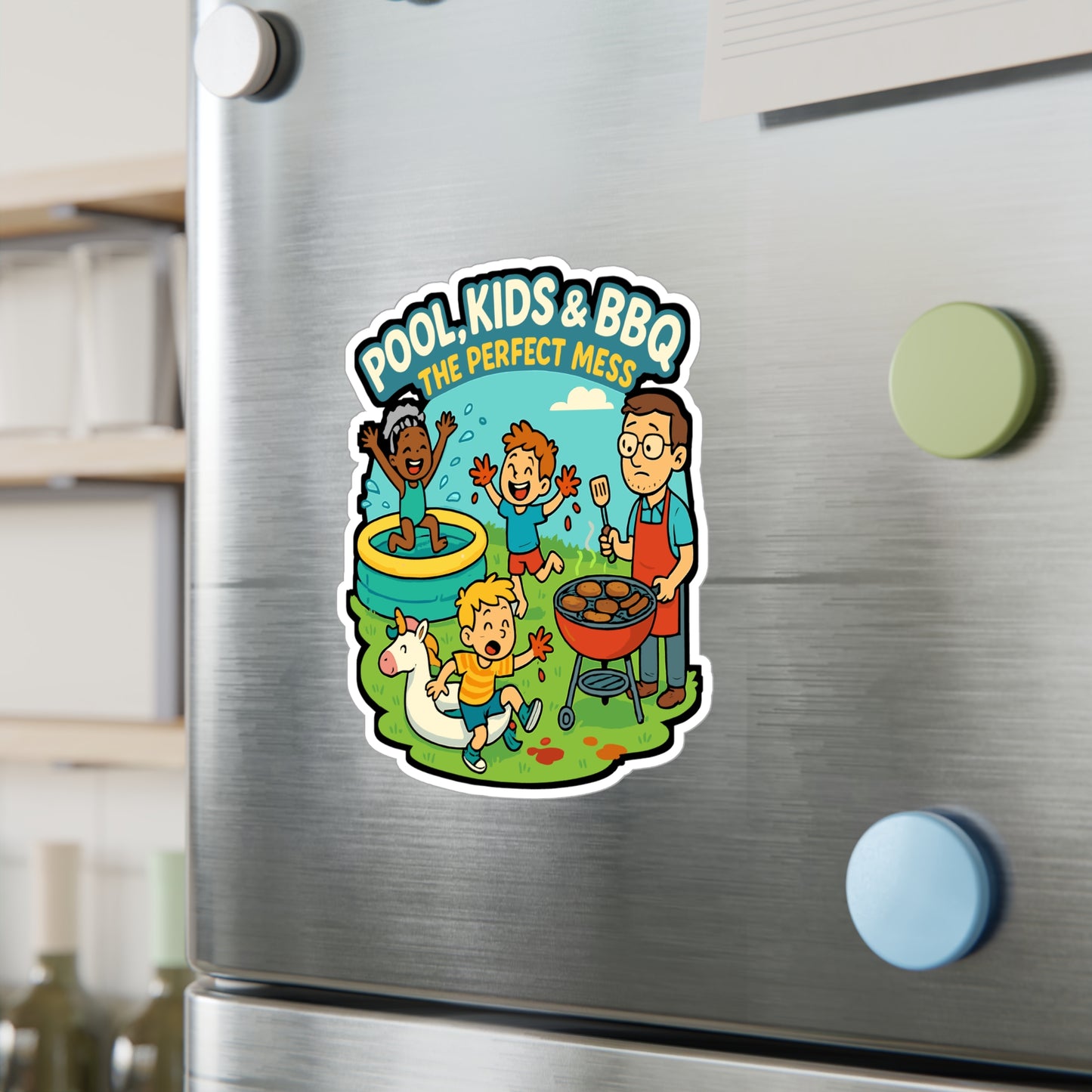 Kids Sticker – Pool Kids BBQ The Perfect Mess Decals for Summer, Waterproof Vinyl, Ketchup Grill Design for Laptop, Water Bottle