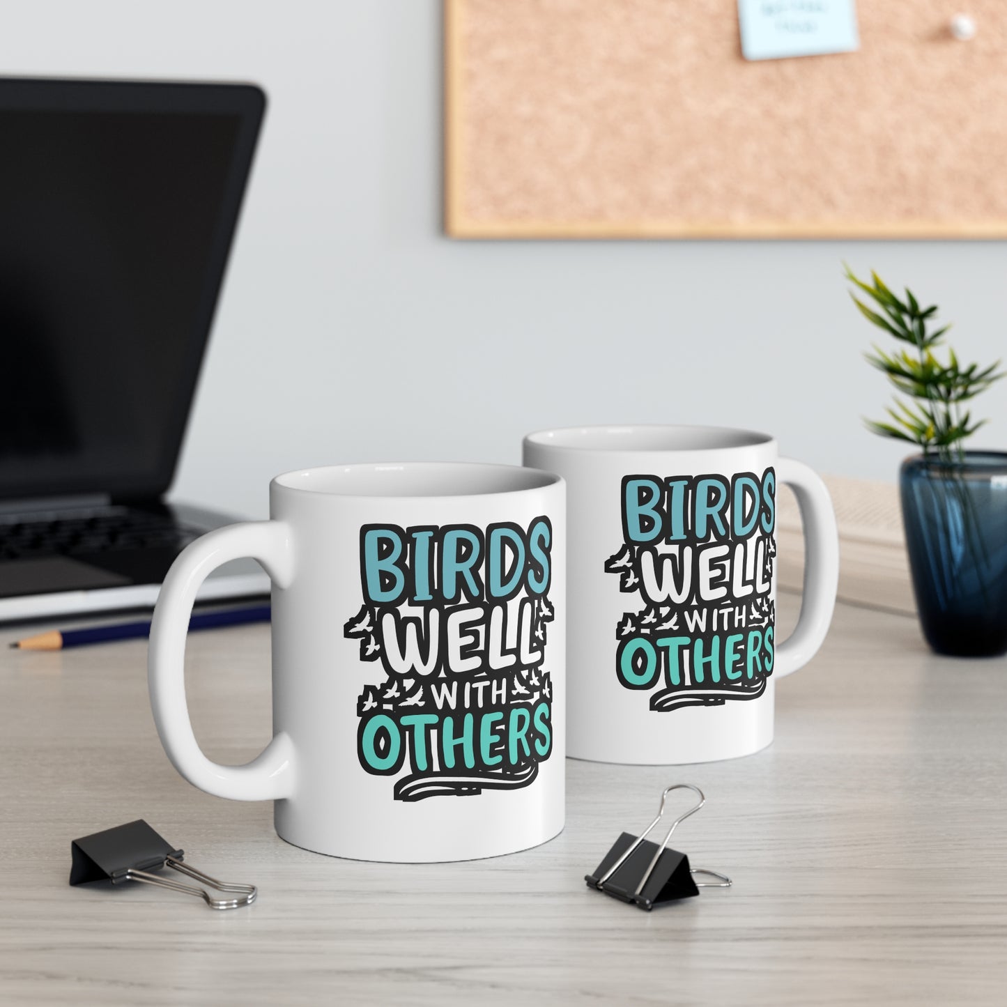 Birds Well With Others - Birdwatcher Mug for Coffee 11oz. Birdwatcher Cup, White ceramic, Binocular Mug - Birdwatcher Gift