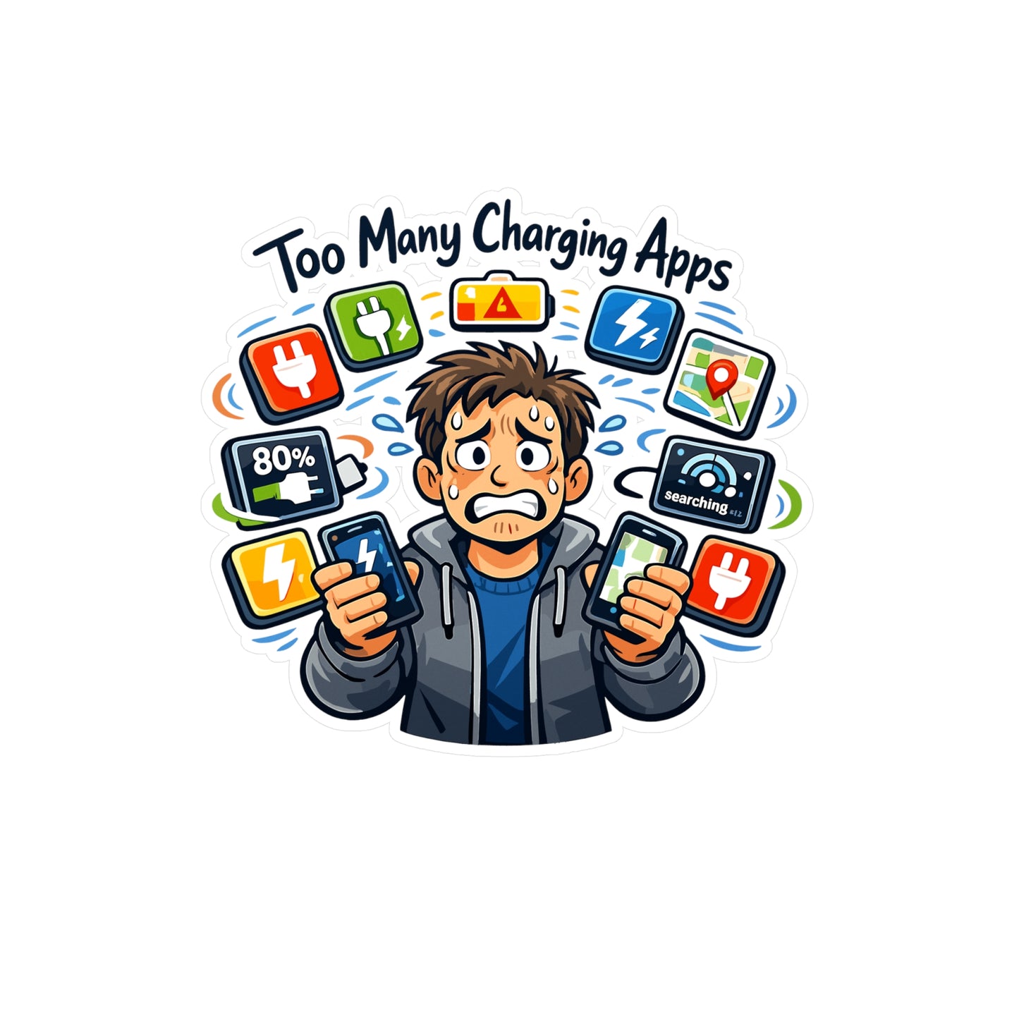 Electric Car Sticker "Too Many Charging Apps" Funny Electric Vehicle Vinyl Waterproof Stickers & Decals for Laptop, Water Bottle Rechargeable Battery