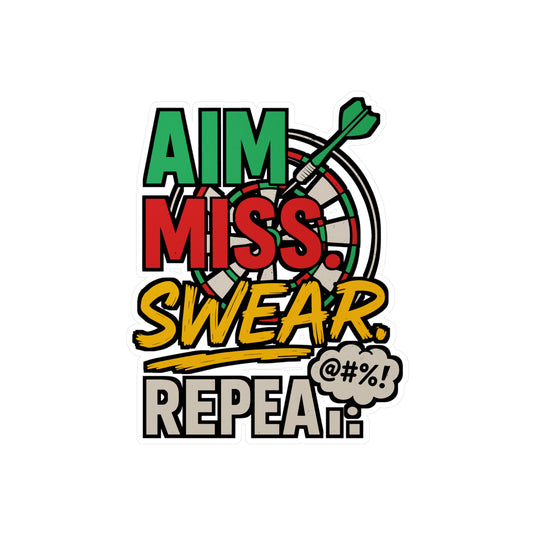 Aim Miss Swear Repeat – Funny Dart Sticker for Car, Laptop or Water Bottle | Vinyl Dartboard Decal, Gag Gift for Players