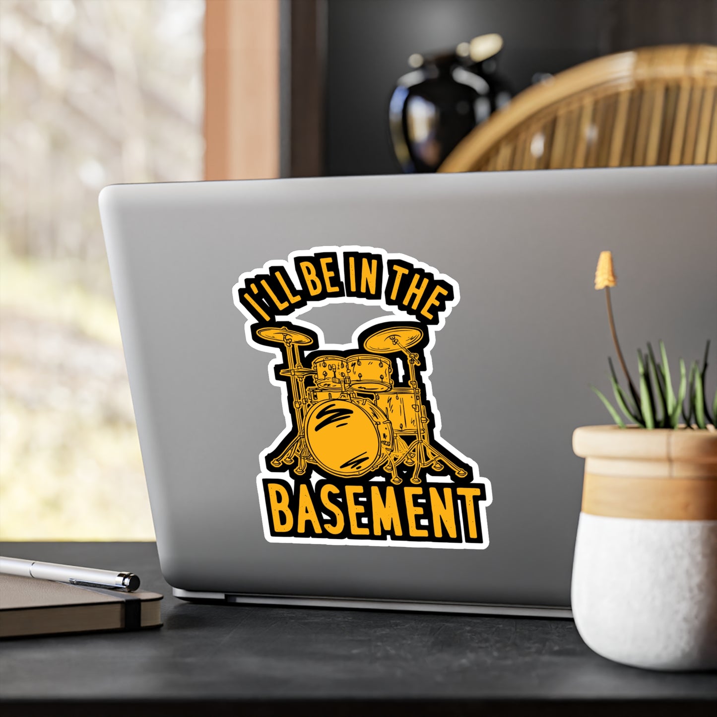 I'll Be In The Basement - Drummer Sticker for Laptop Sticker. Water Bottle Sticker, Vinyl Bass Decal - Drummer Gift