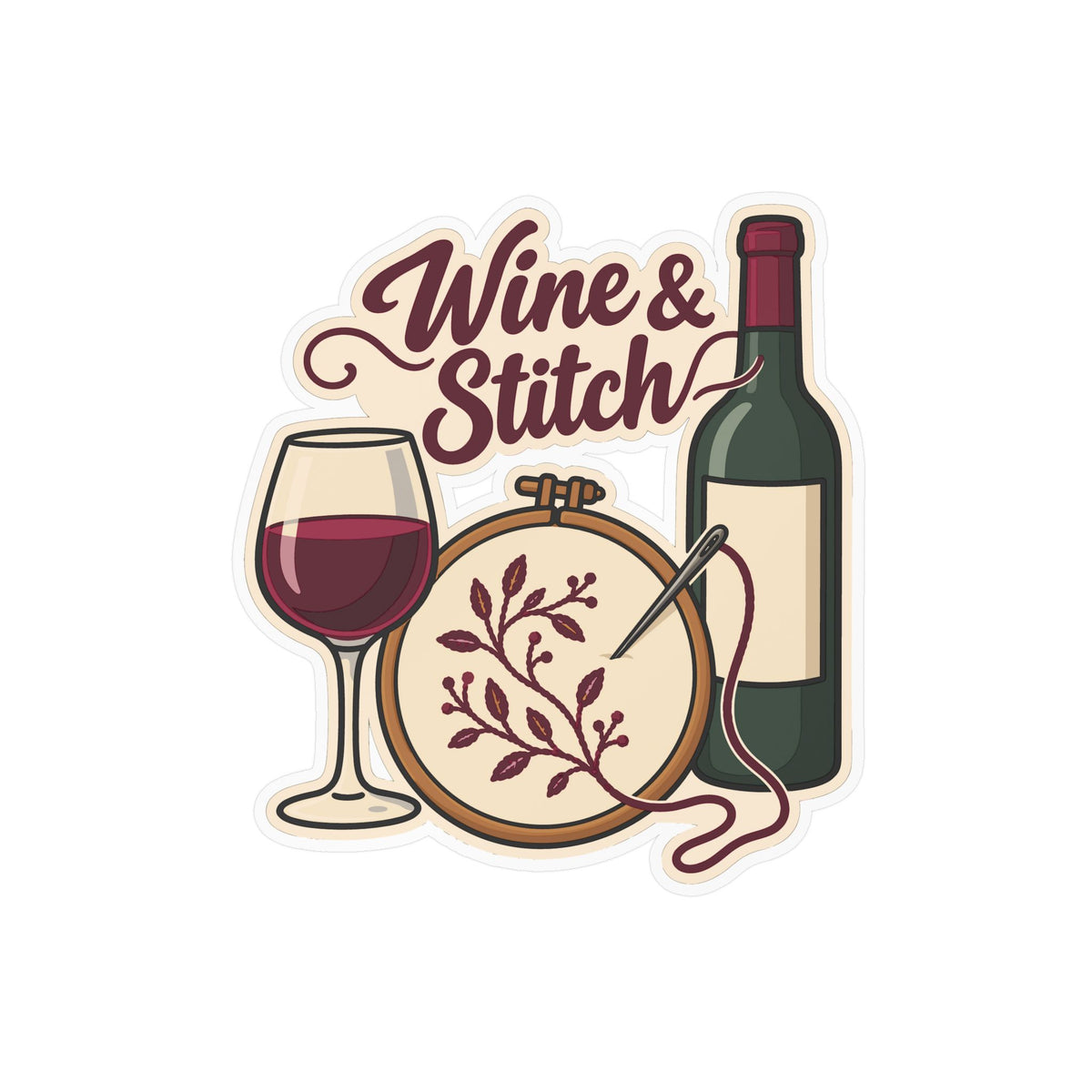 Embroidery Sticker - Wine & Stitch Design for Needlework and Stitching Fans, Crafting Decals for Laptop or Water Bottle