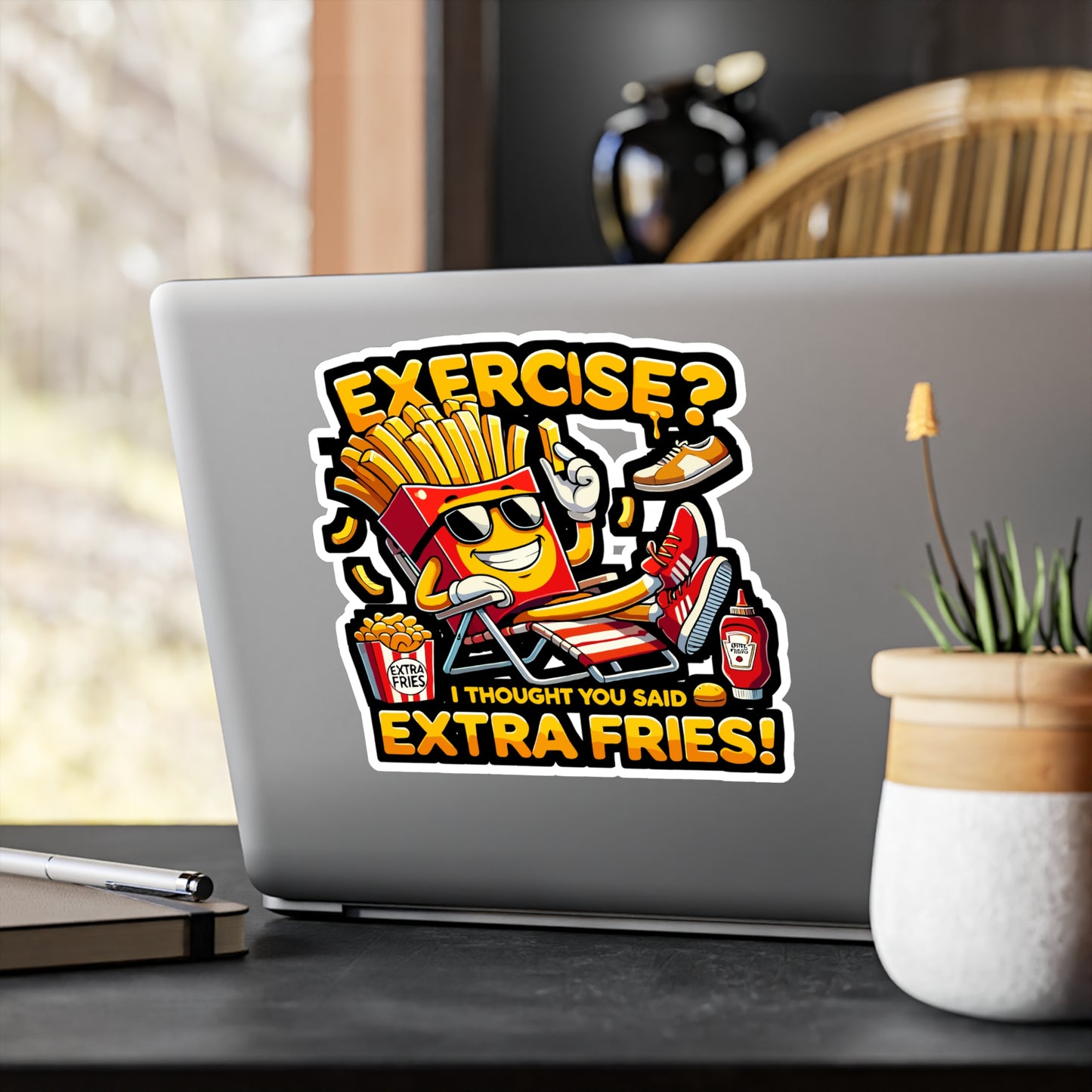 Exercise I Thought You Said Extra Fries - Exercise joke Sticker for Laptop Sticker. Water Bottle Sticker, Vinyl Extra fries humor Decal - Exercise joke Gift