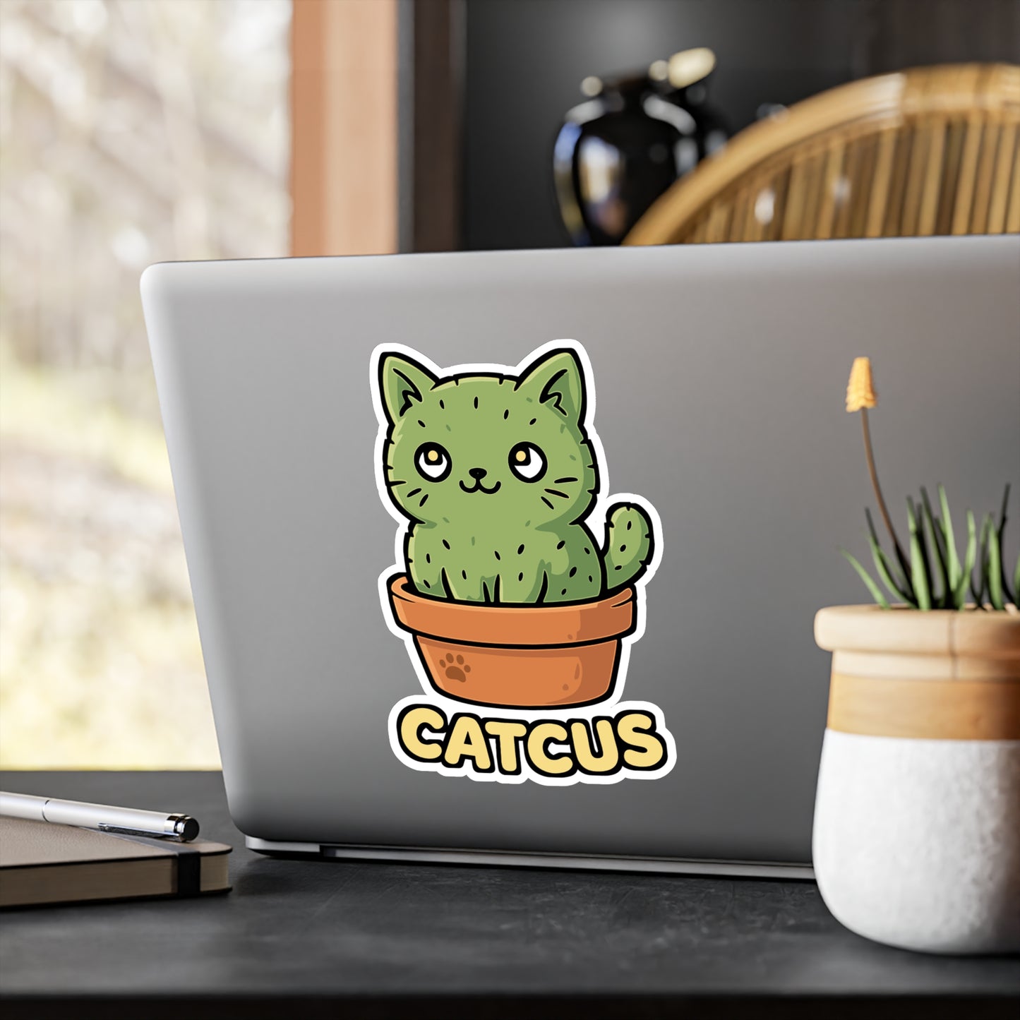 Cat Sticker – Funny Catcus Cactus Pun Illustration Vinyl Decals, Waterproof for Laptop, Water Bottle