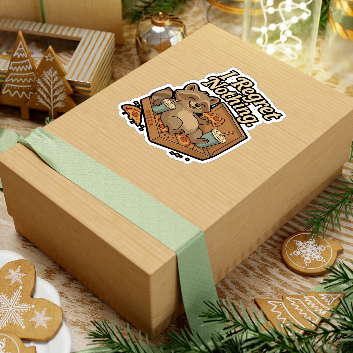 Lazy Sticker – "I Regret Nothing" Raccoon Pizza Decals, Funny Snack Vinyl Waterproof Sticker for Laptop, Water Bottle, Durable Decor