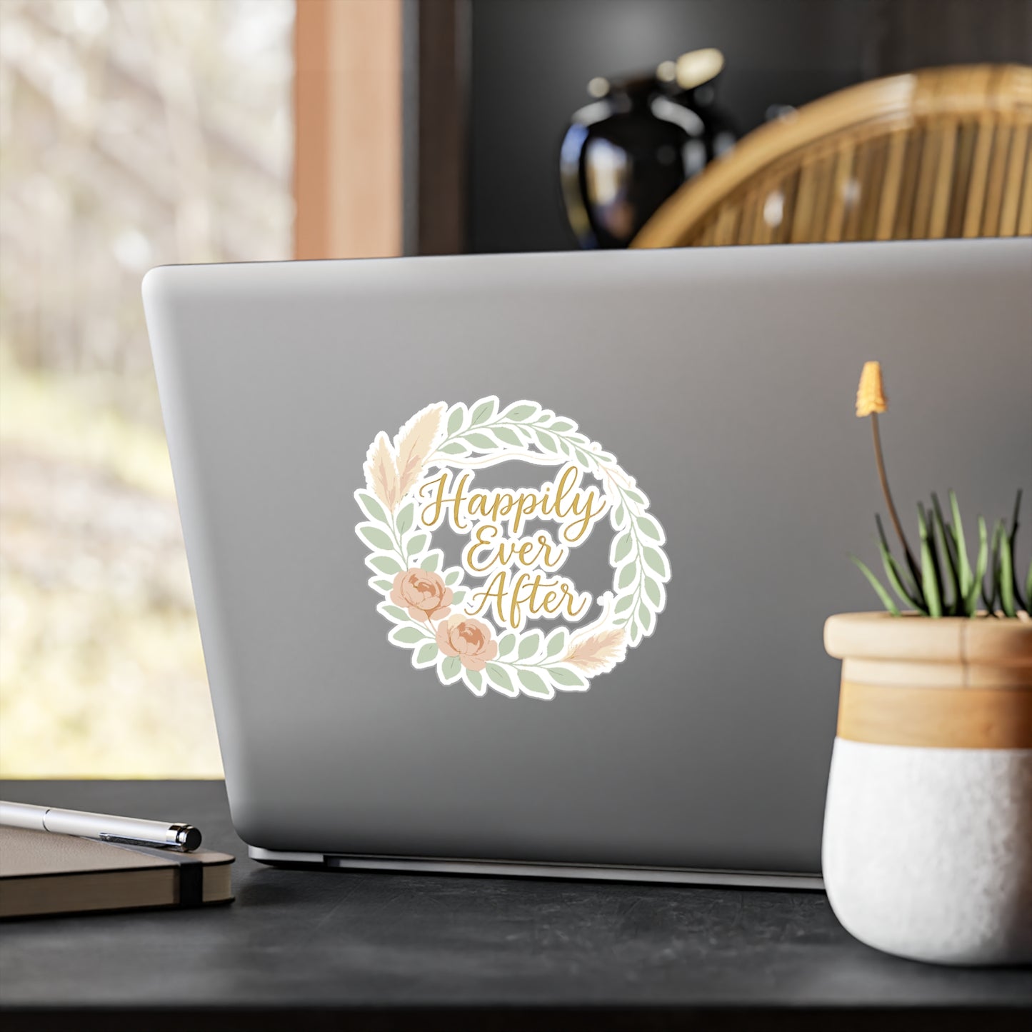 Bohemian Sticker "Happily Ever After" – Romantic Calligraphy Eucalyptus Decals, Waterproof Vinyl for Laptop, Water Bottle