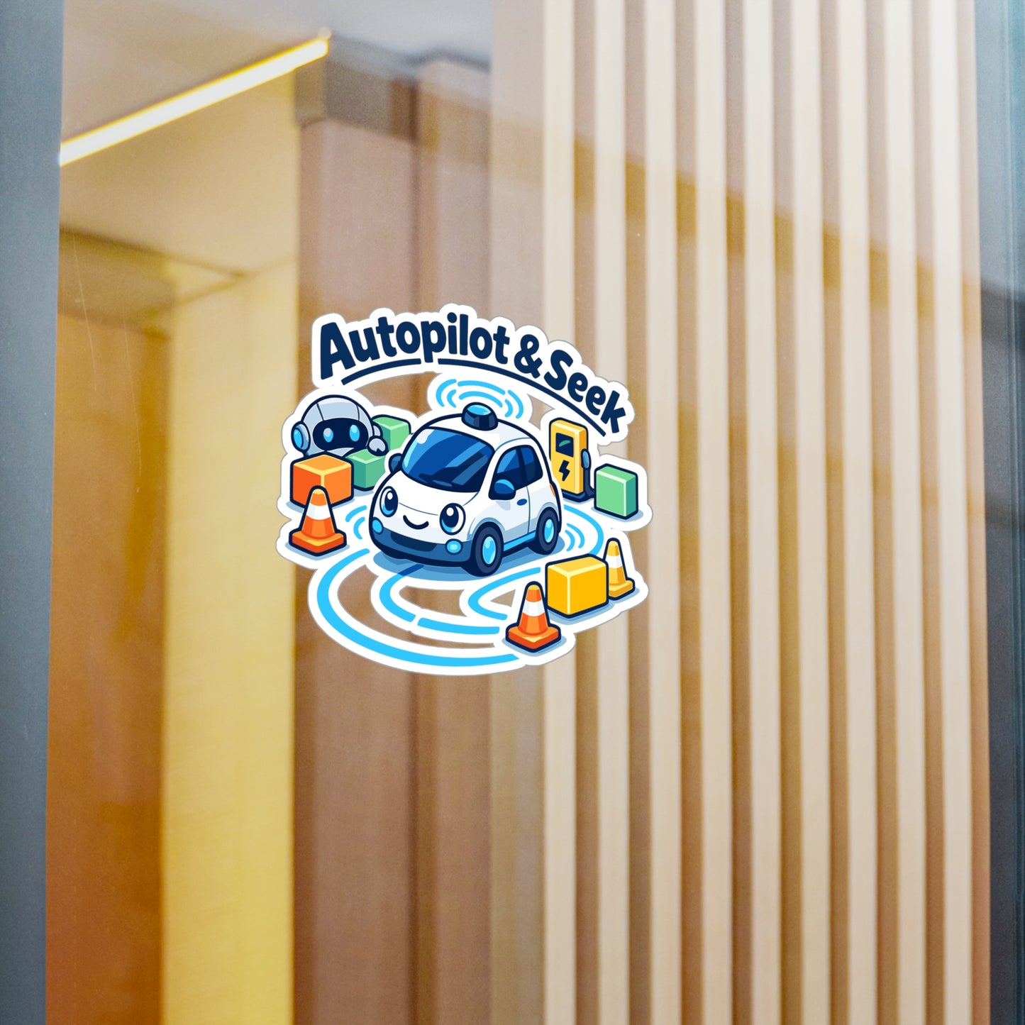 Electric Car Sticker Autopilot & Seek – Waterproof Vinyl Decals for Laptop, Water Bottle, Rechargeable Battery Vehicle Lovers
