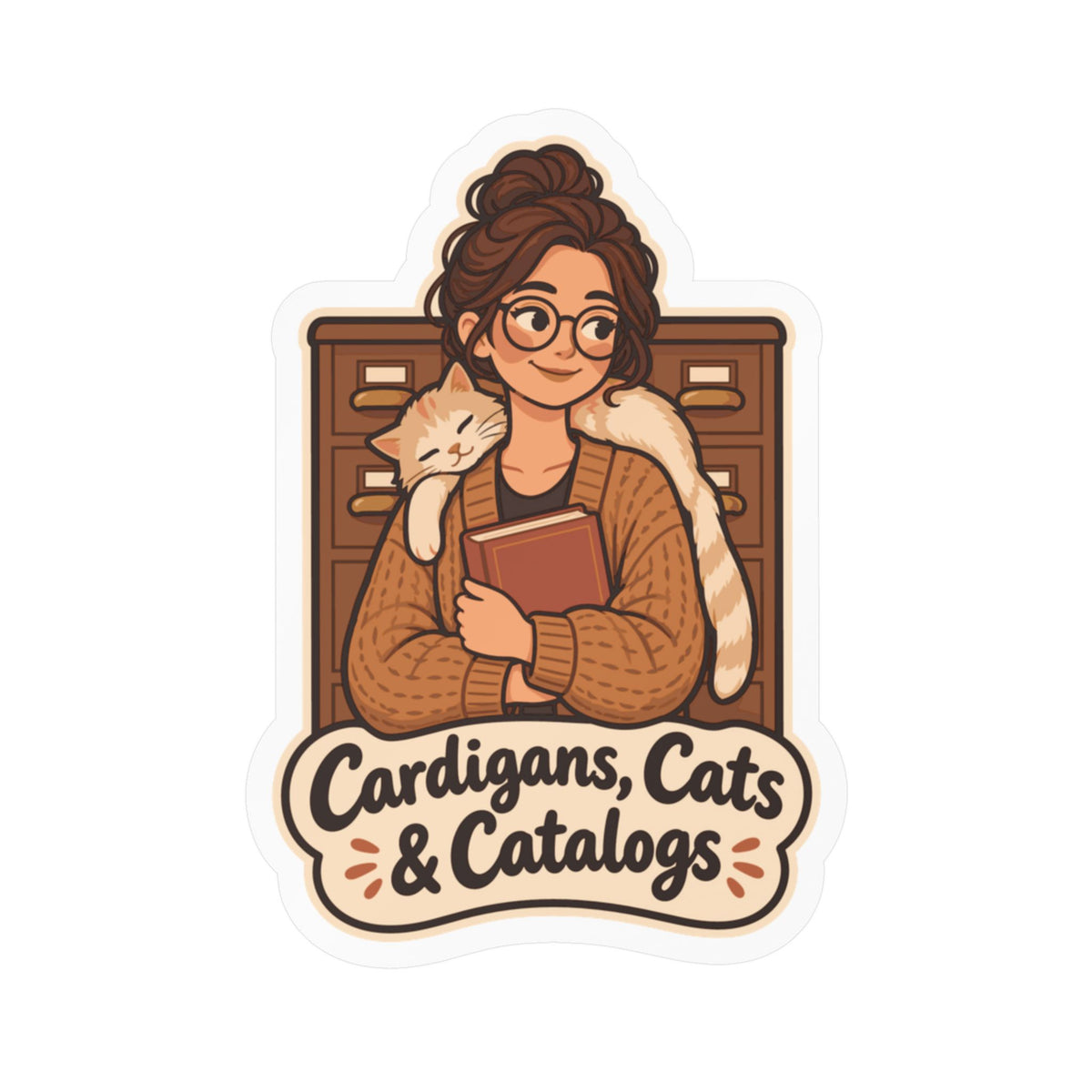 Librarian Sticker - Cardigans, Cats & Catalogs - Fabulous Book Lover Decals for Laptop or Water Bottle