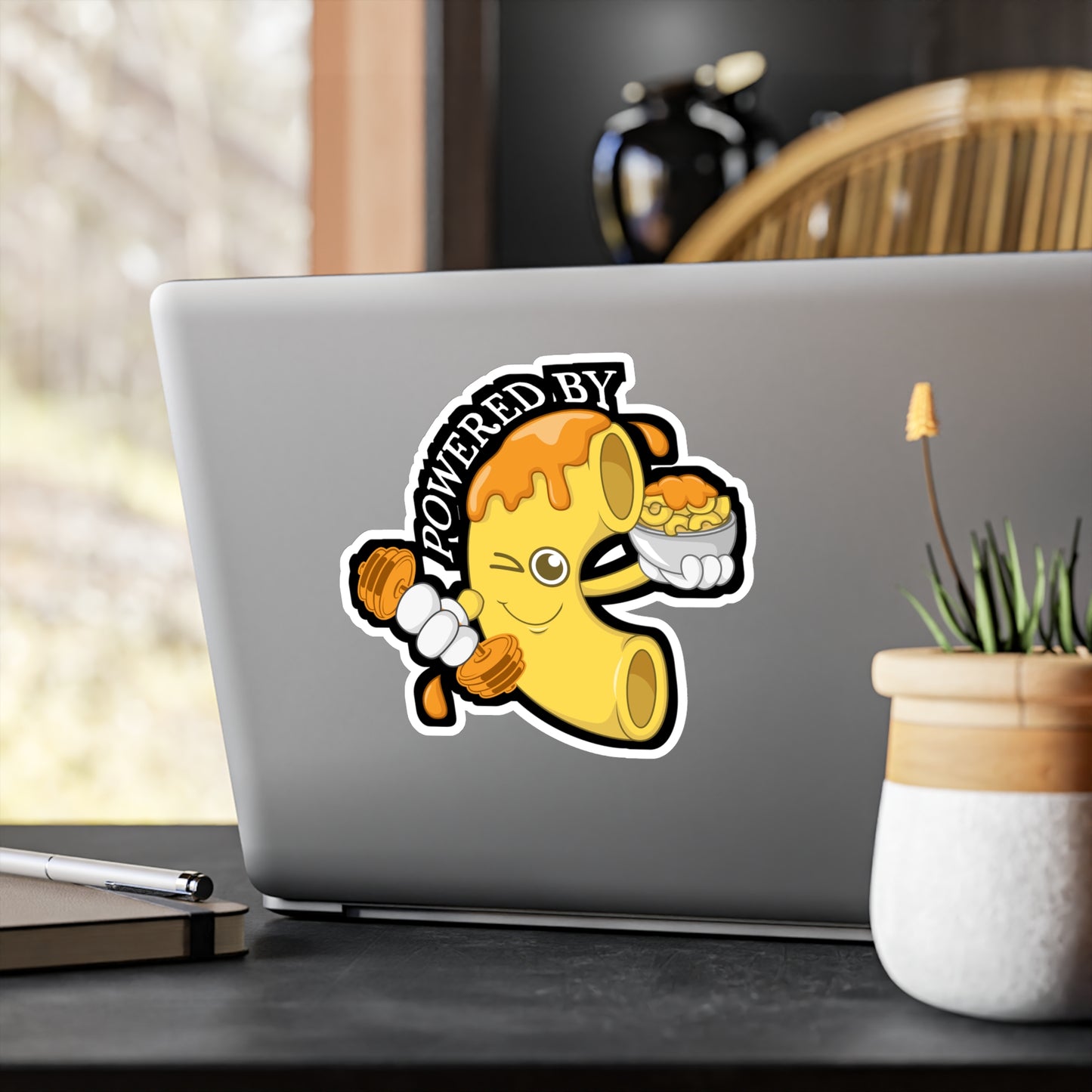 Mac & Cheese Powered By - Macaroni Sticker for Laptop Sticker. Water Bottle Sticker, Vinyl Mac Decal - Macaroni Gift
