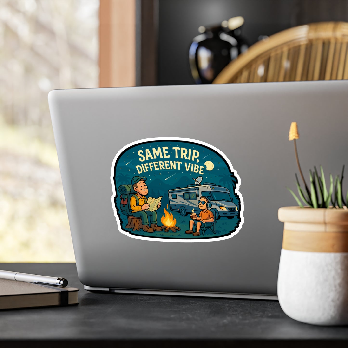 Backpacker Sticker – "Same Trip Different Vibe" Vinyl Decals for RV, Camping, Stargazing – Waterproof Laptop, Water Bottle Accessory
