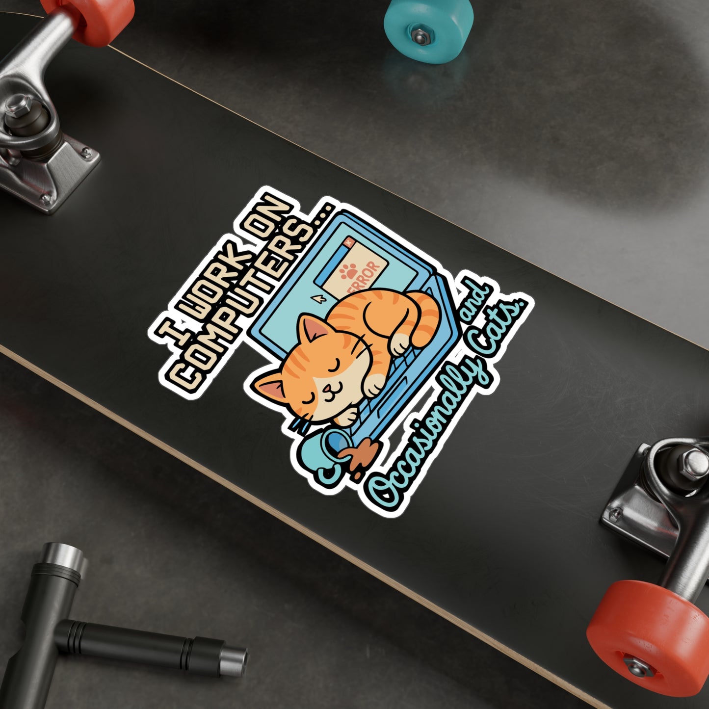 I Work On Computers and Occasionally Cats – Funny Computer Sticker, Vinyl Decal for Laptop or Water Bottle, Cat Lover Gift